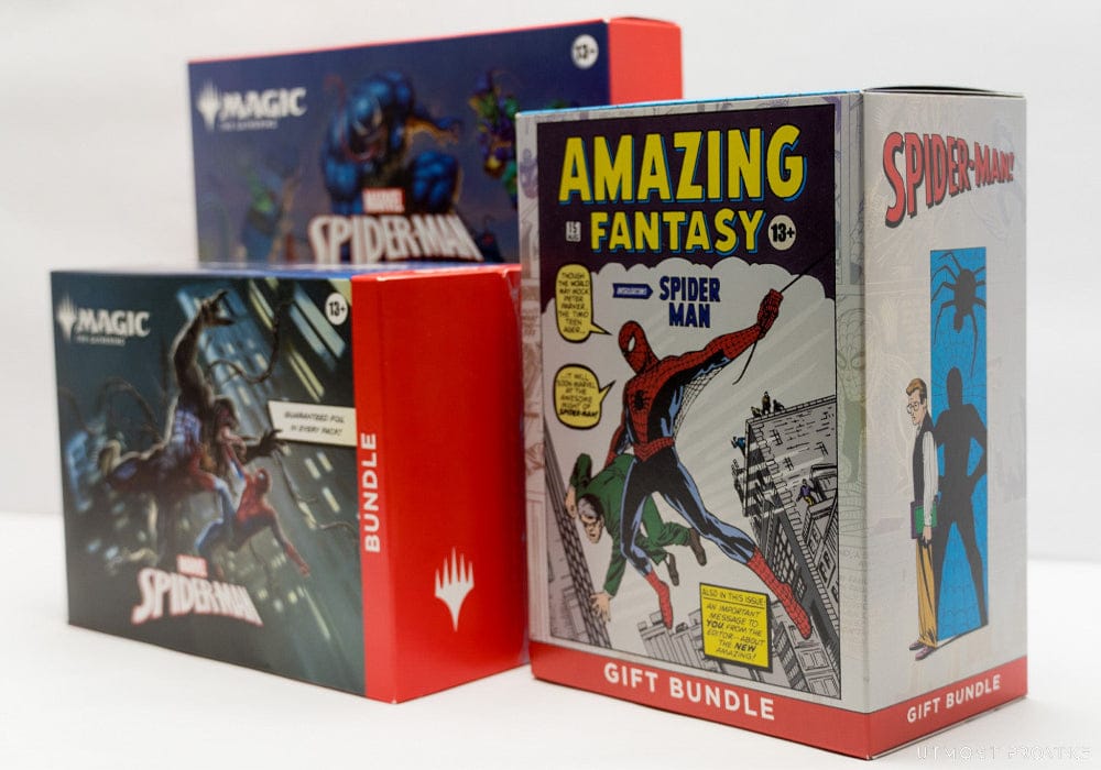 The side of three Magic The Gathering Trading Card Boxes.