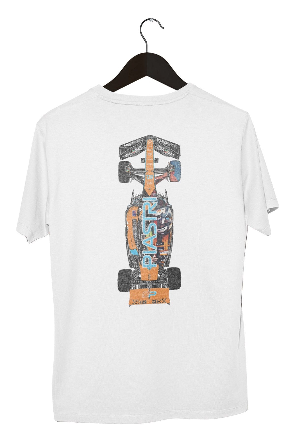 Back of a white Oscar Piastri F1 Mclaren T Shirt on a hanger.