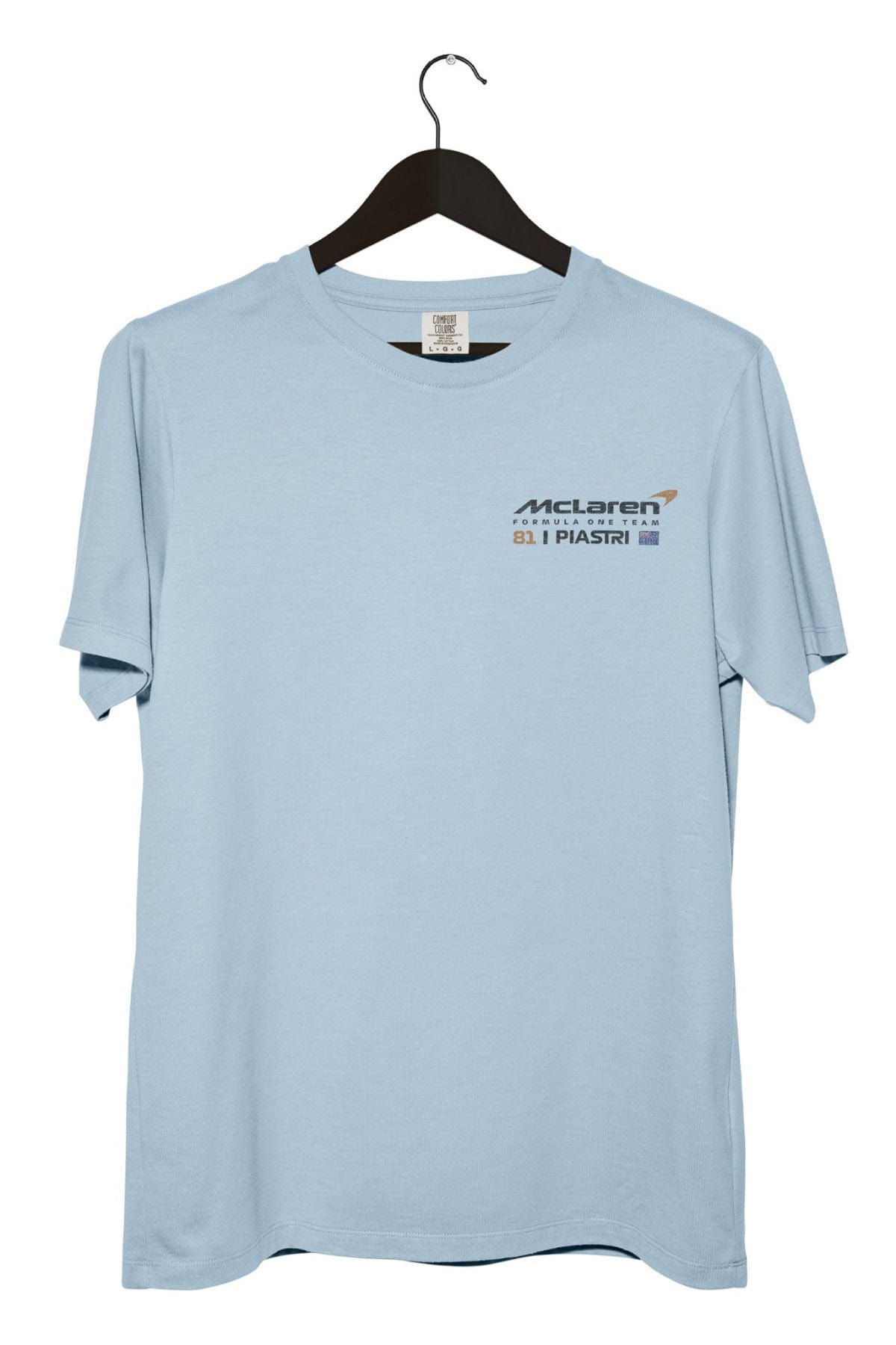 Light blue t-shirt with custom McLaren logo on a hanger against a white background.