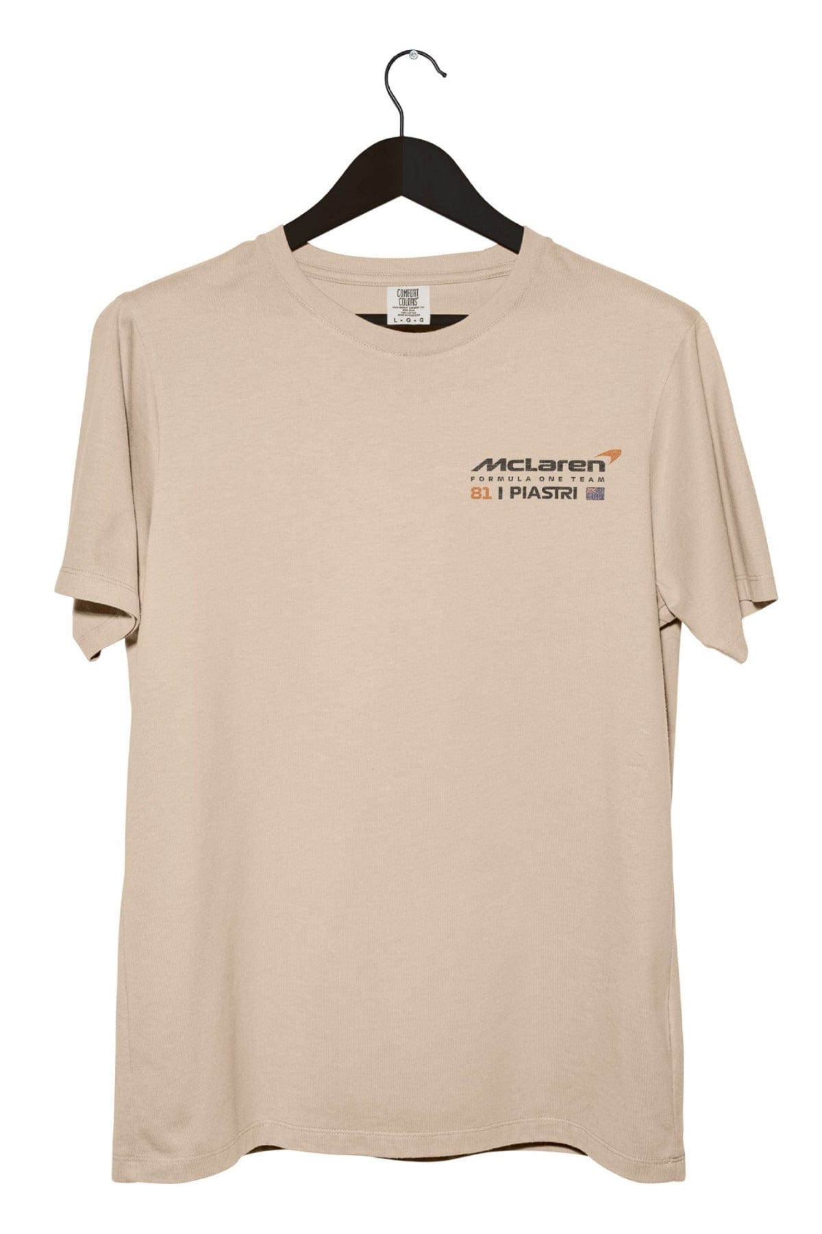 Beige t-shirt with custom McLaren F1 logo on a hanger against a white background