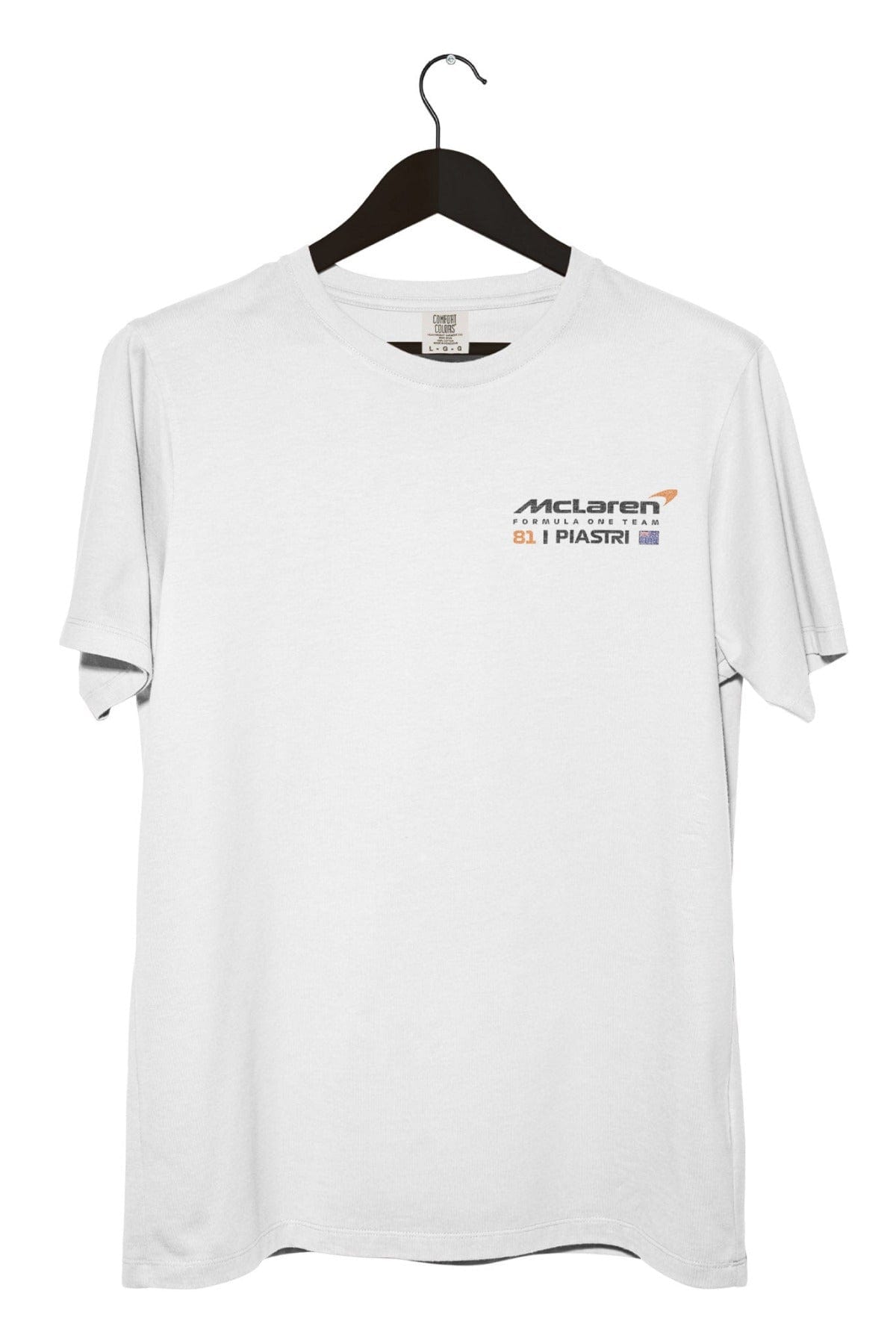 White t-shirt with custom McLaren F1 logo on a hanger against a white background.