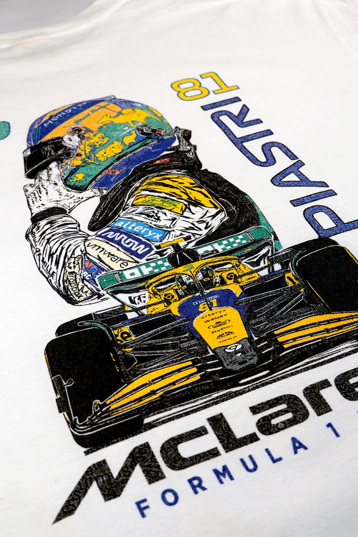 White t-shirt with Utmost Province's custom graphic design inspired by Oscar Piastri printed on the back.