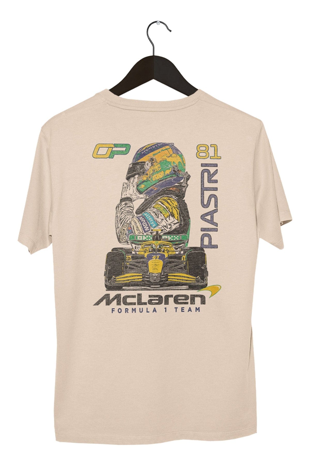 Custom Oscar Piastri Mclaren F1 shirt in Ivory, on a hanger with a white background.
