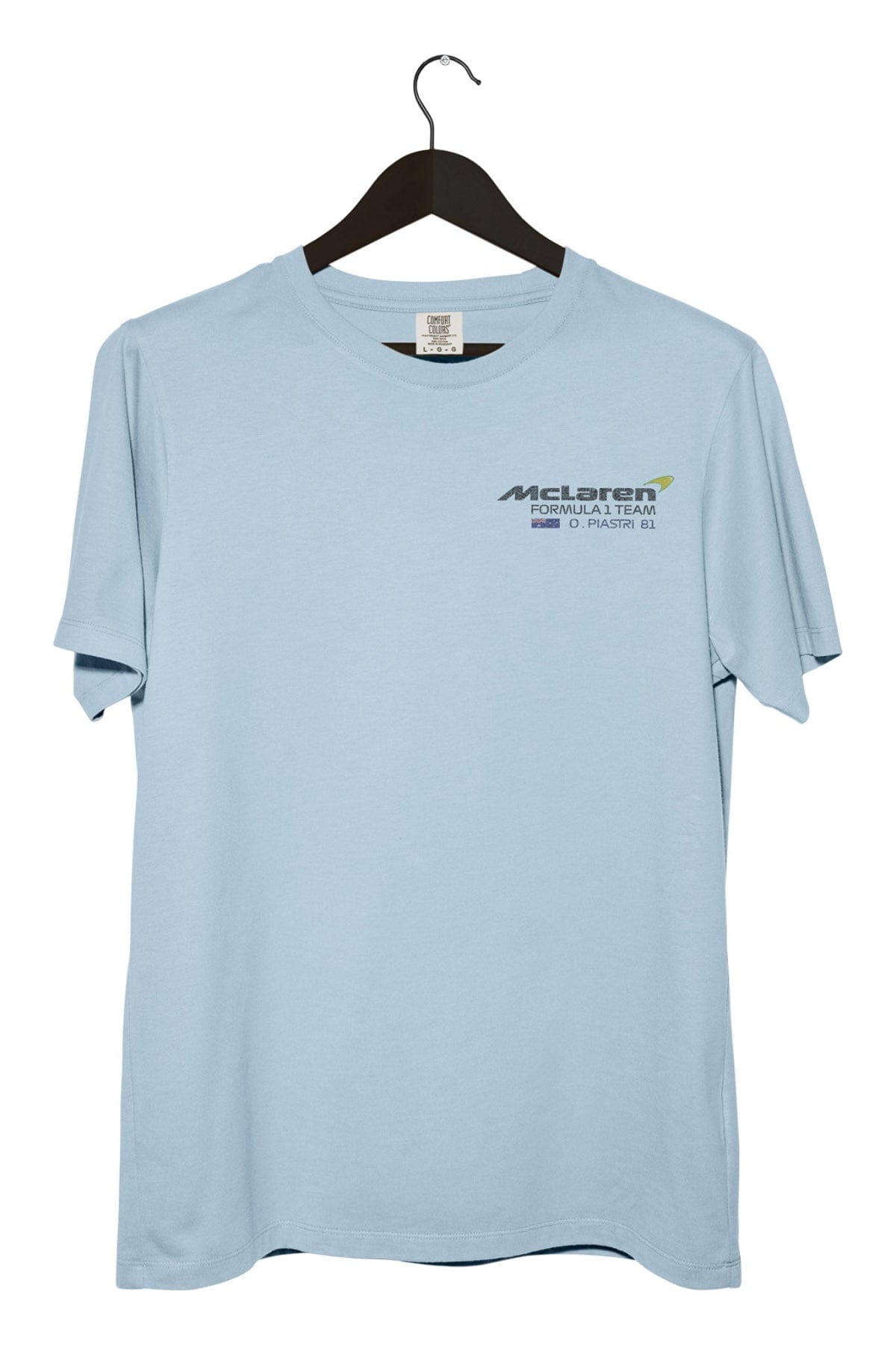 Chambray Comfort Colors shirt with Utmost Province custom Mclaren F1 logo printed on the front