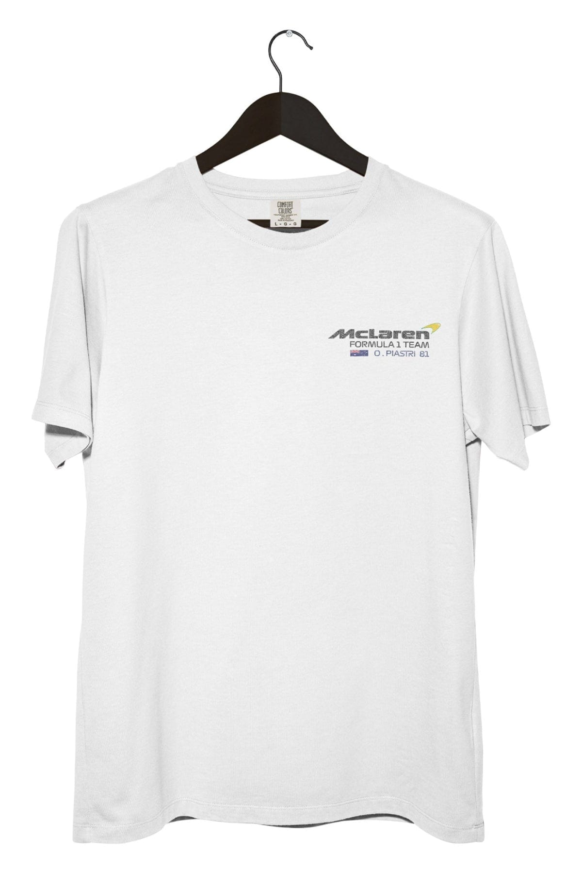 White t-shirt with McLaren logo on a hanger against a white background