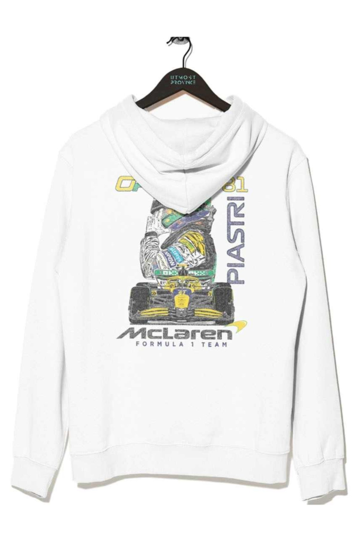 White Mclaren hoodie on a hanger with a white background.