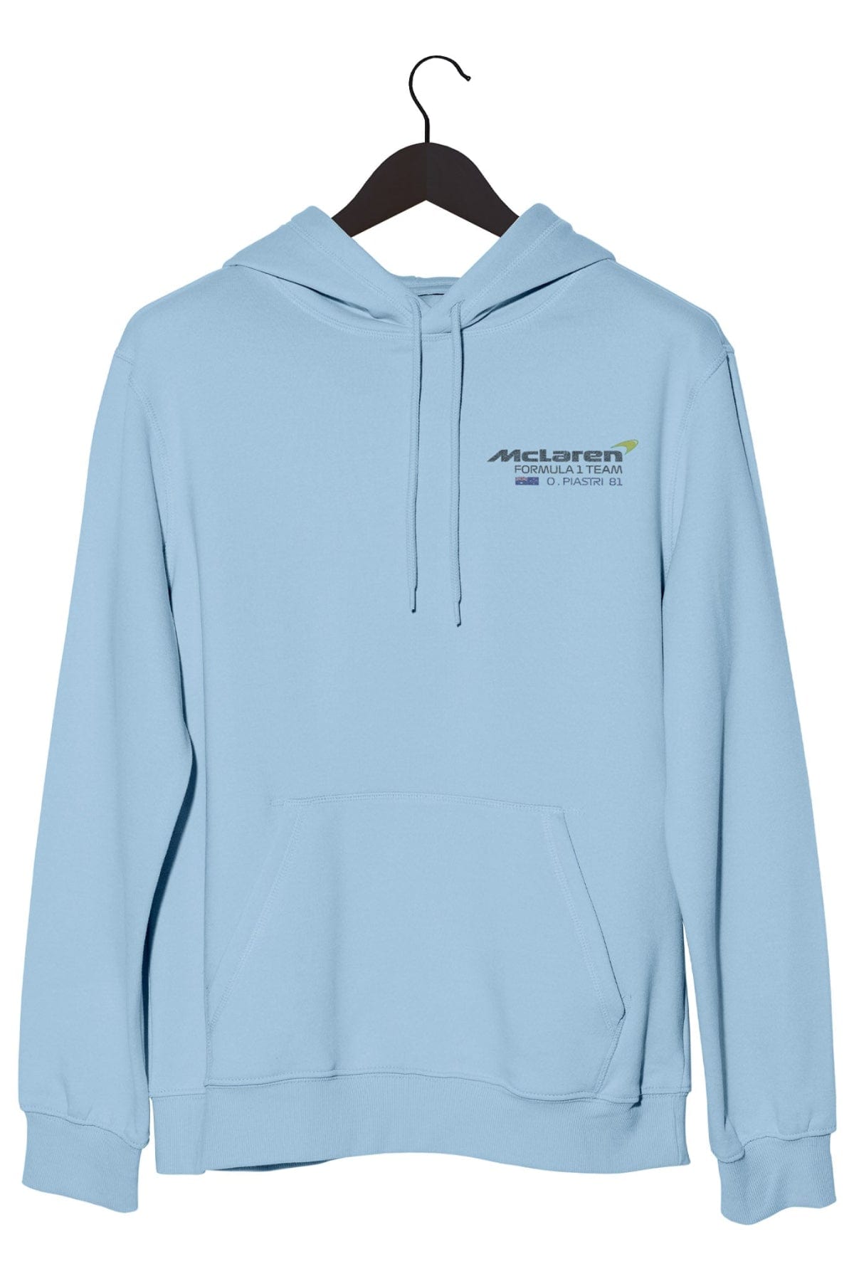 Front of a light blue hoodie, featuring a custom Mclaren F1 logo inspired by Oscar Piastri.