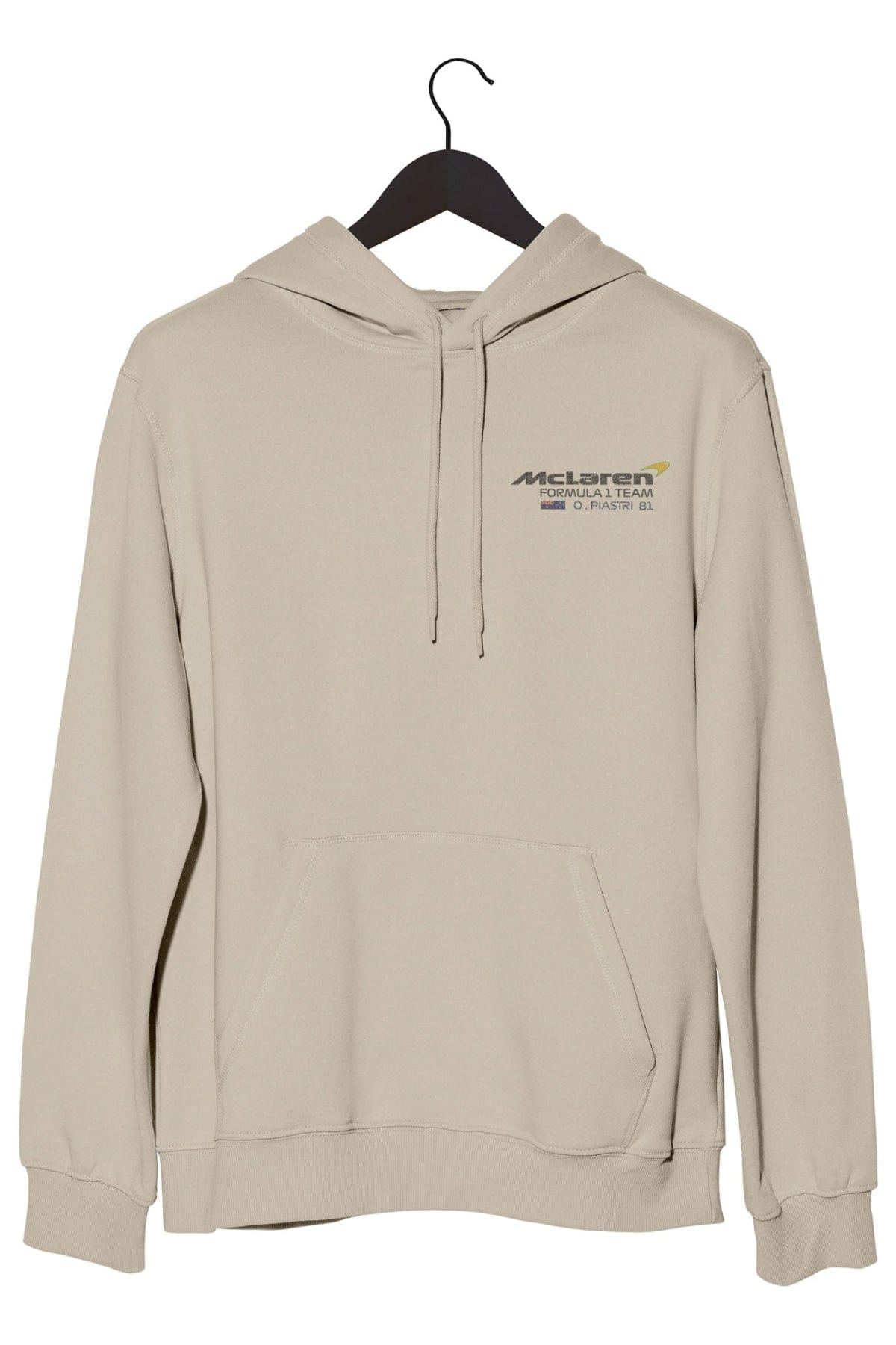 Front of a beige hoodie, featuring a custom Mclaren F1 logo inspired by Oscar Piastri.