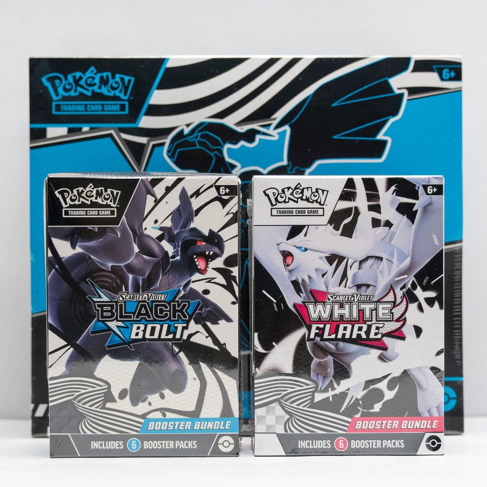 Two Pokémon trading card game booster bundles, one for Black Bolt and one for White Flare, on a white background.