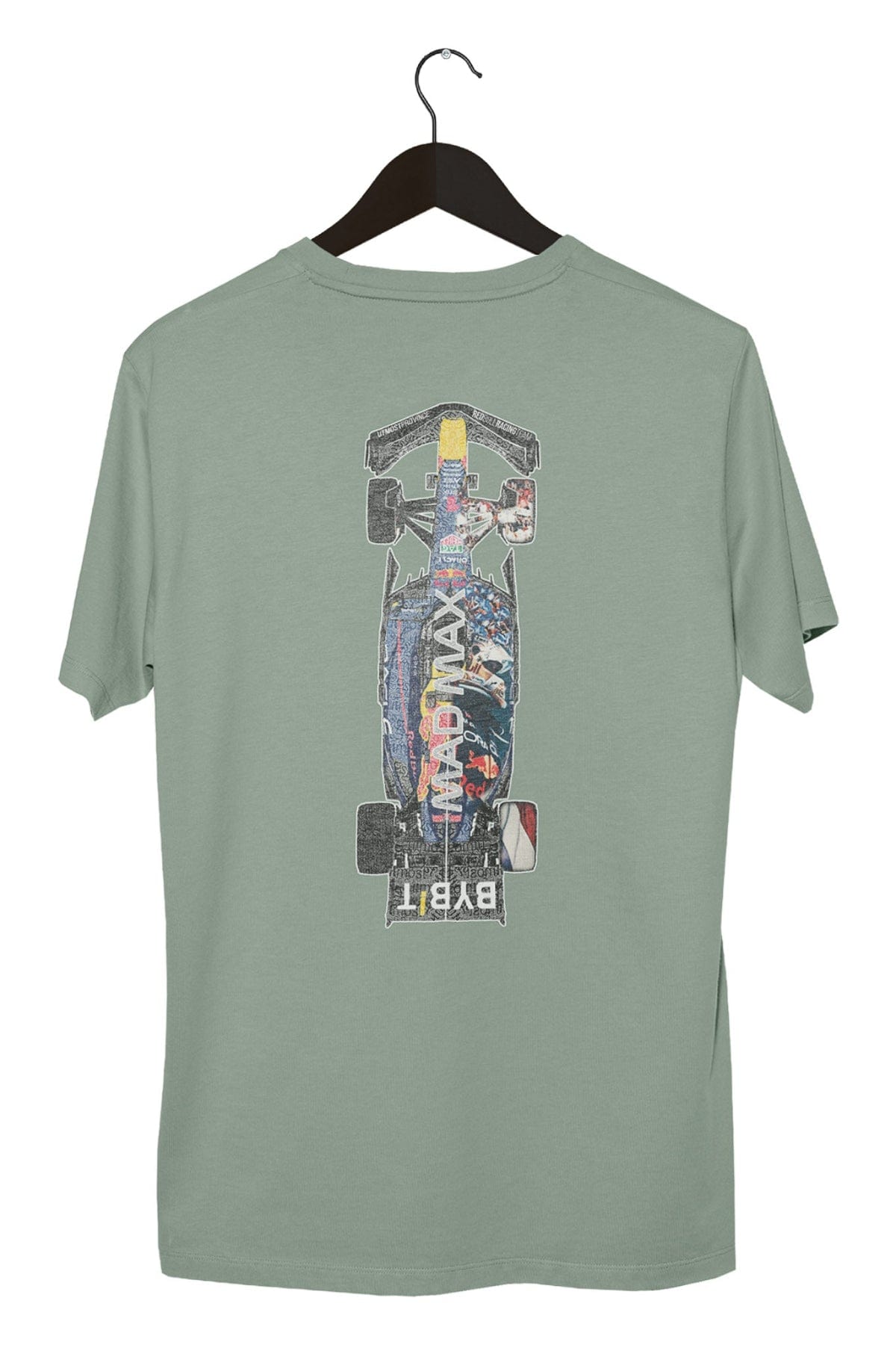 Back of bay Comfort Colors shirt, showcasing the custom Red Bull Racing inspired graphic design.