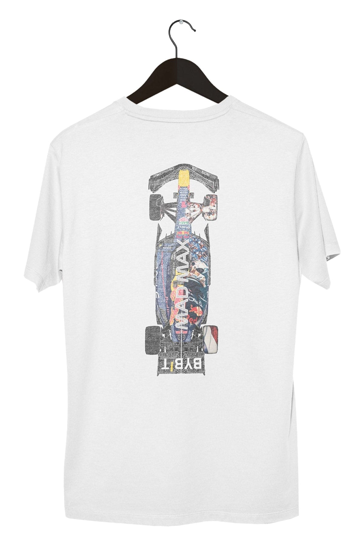 Back of a white Comfort Colors shirt, featuring Utmost Province custom Red Bull F1 graphic tee.