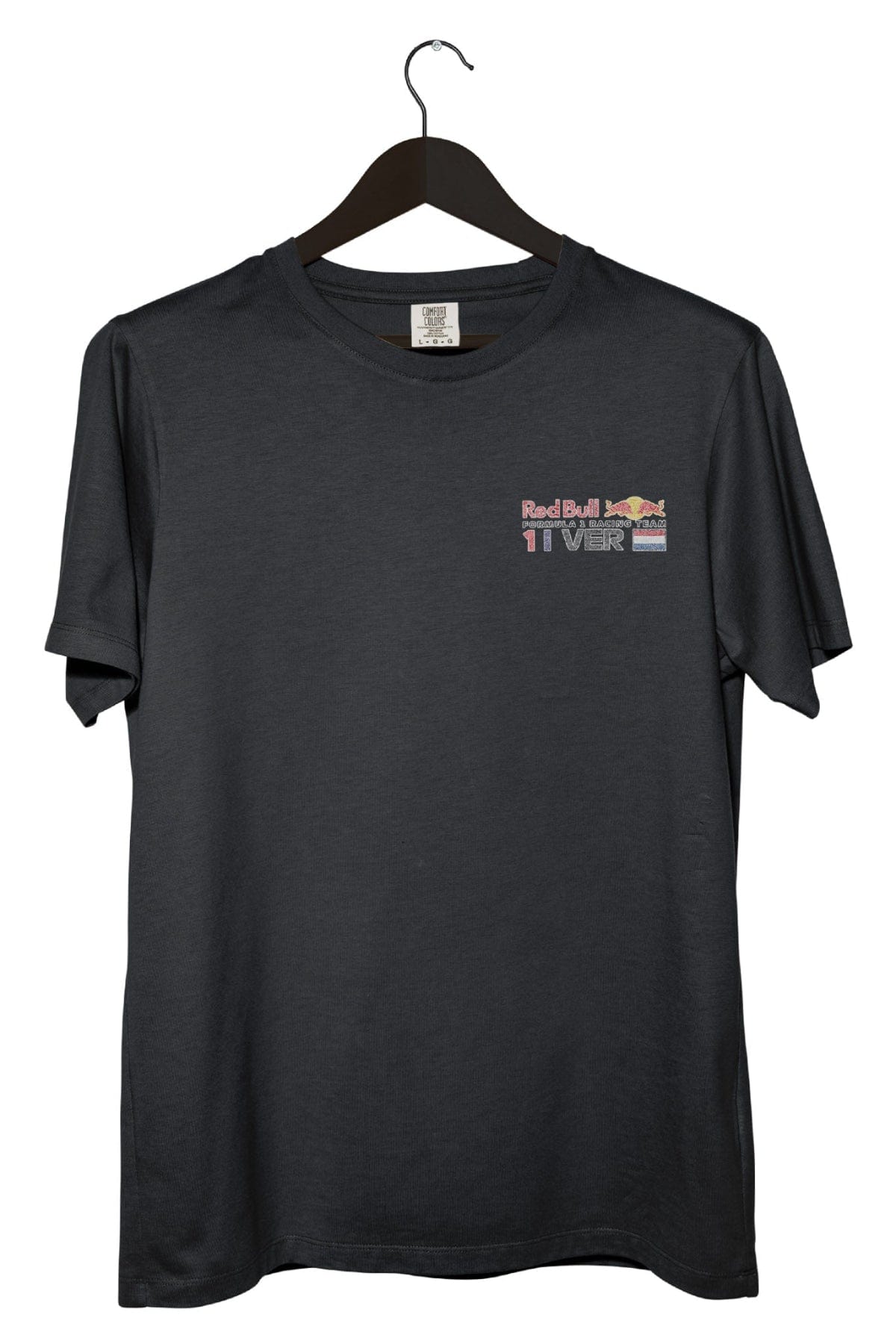 Front of a black t-shirt with a Red Bull F1 racing logo, on a hanger with a white backgfround.