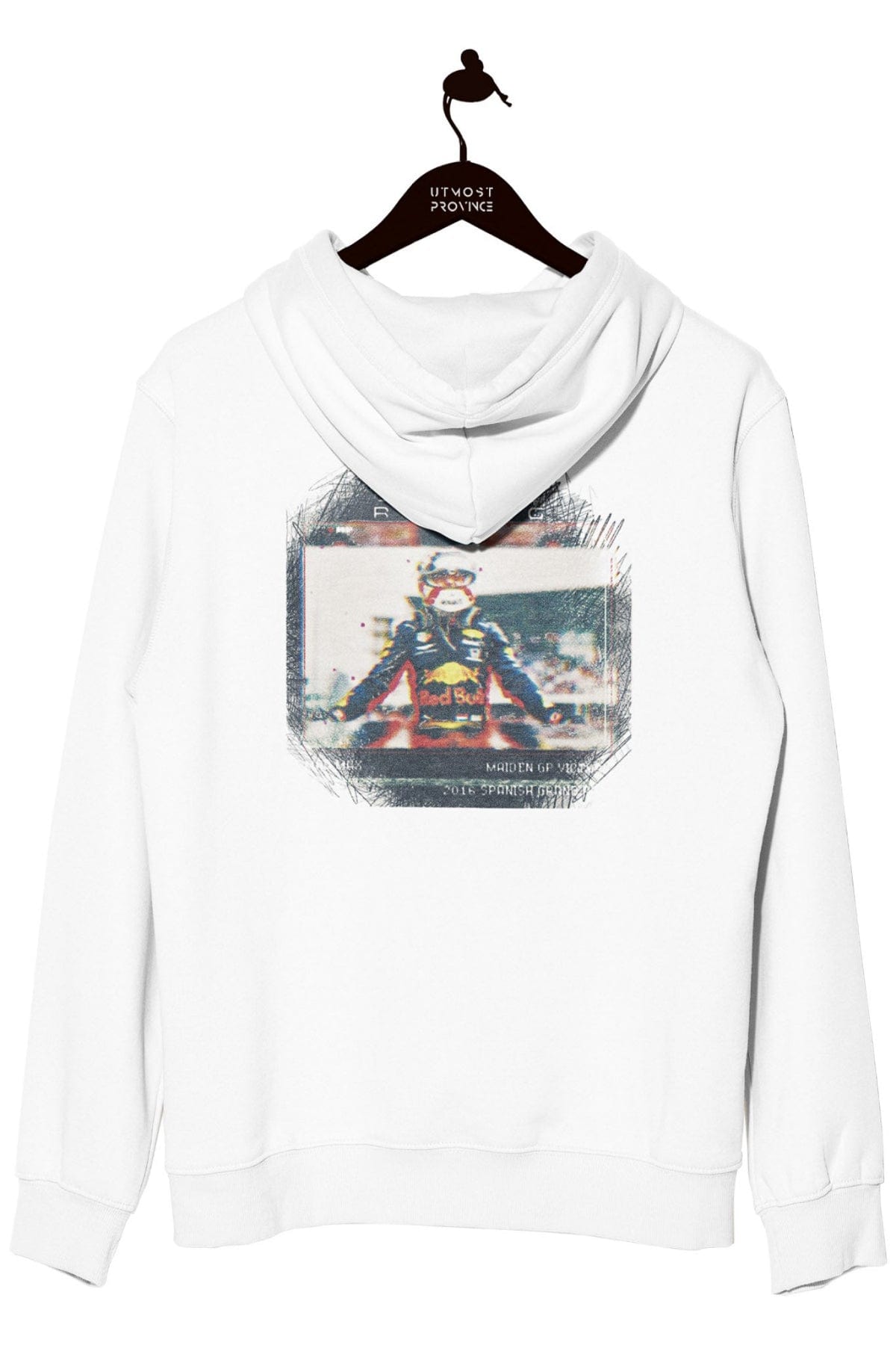Back of a white fleece hoodie, featuring Utmost Province's custom Red Bull Racing inspired graphic design.