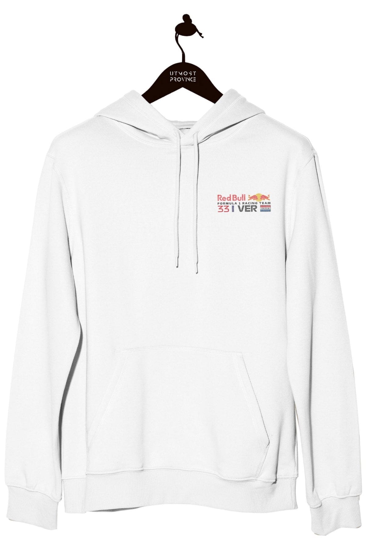 Front of Utmost Province's Red Bull Racing hoodie in white.