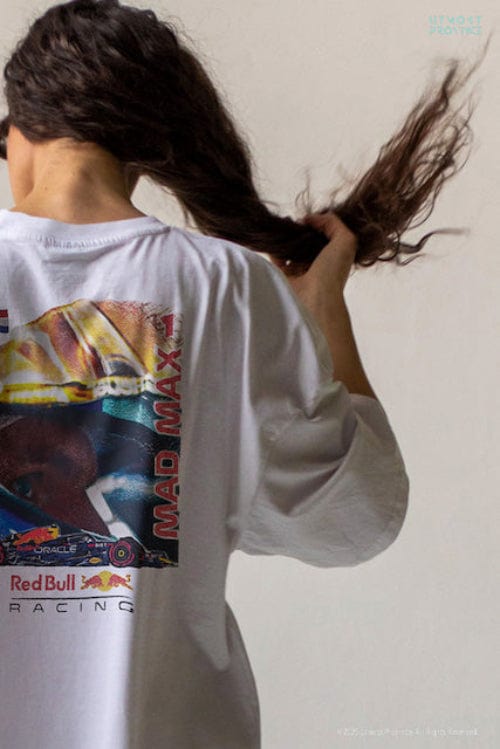 Utmost Province Red Bull Racing shirt laid flat on a table, highlighting the back design on the F1 shirt inspired by Max.