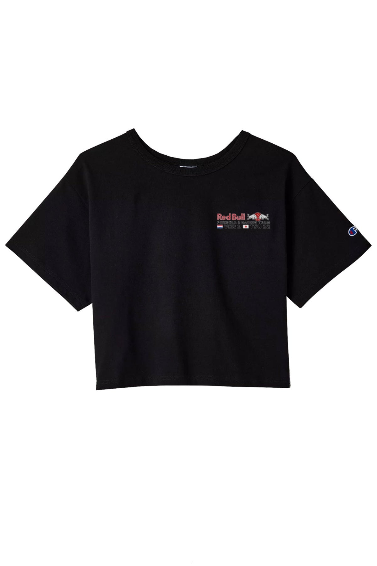 Front of a black Red Bull Racing cropped shirt.