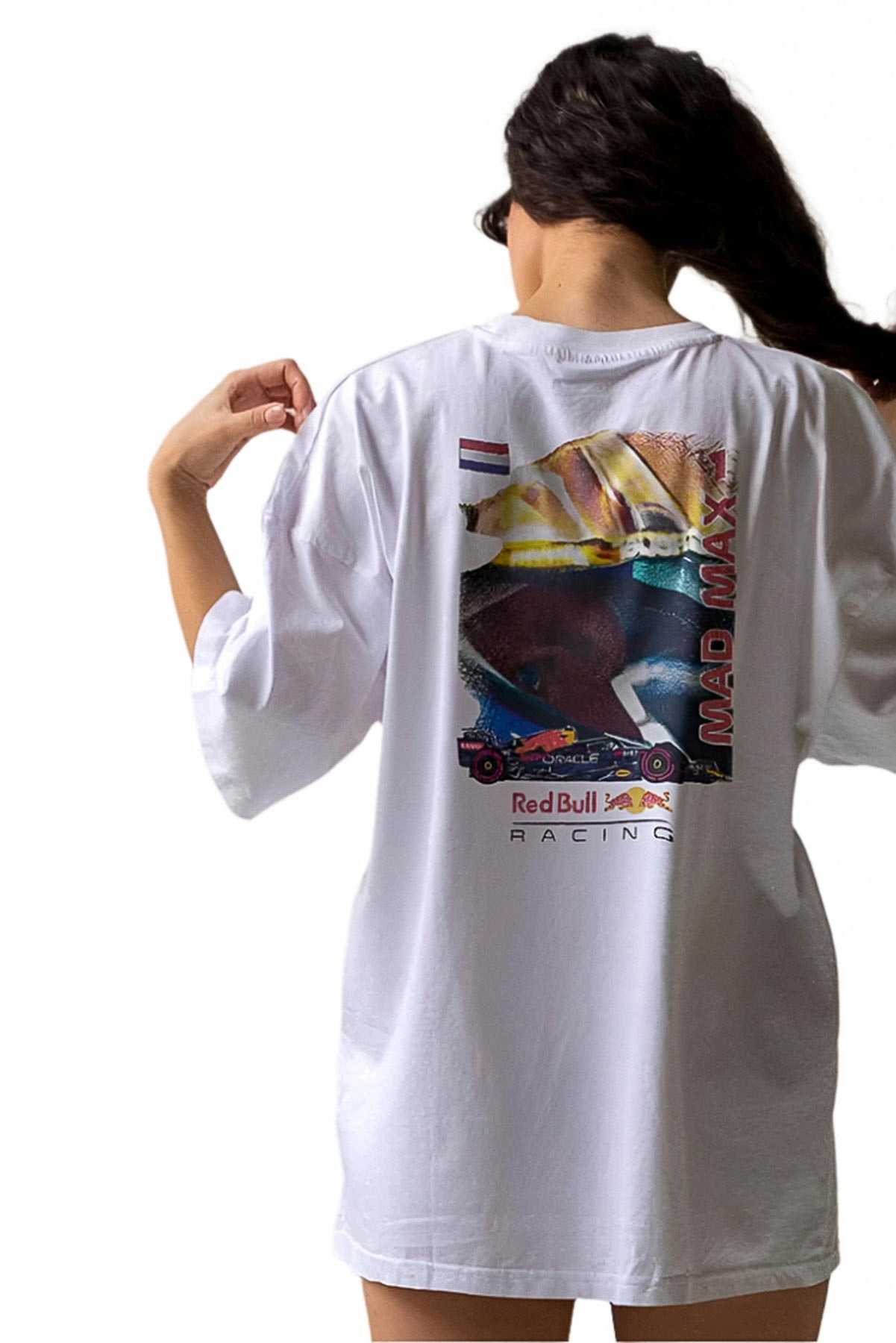 Model wearing Utmost Province Red Bull racing shirt, showcasing the exclusive custom Red Bull F1 graphic design on the back of the F1 shirt.