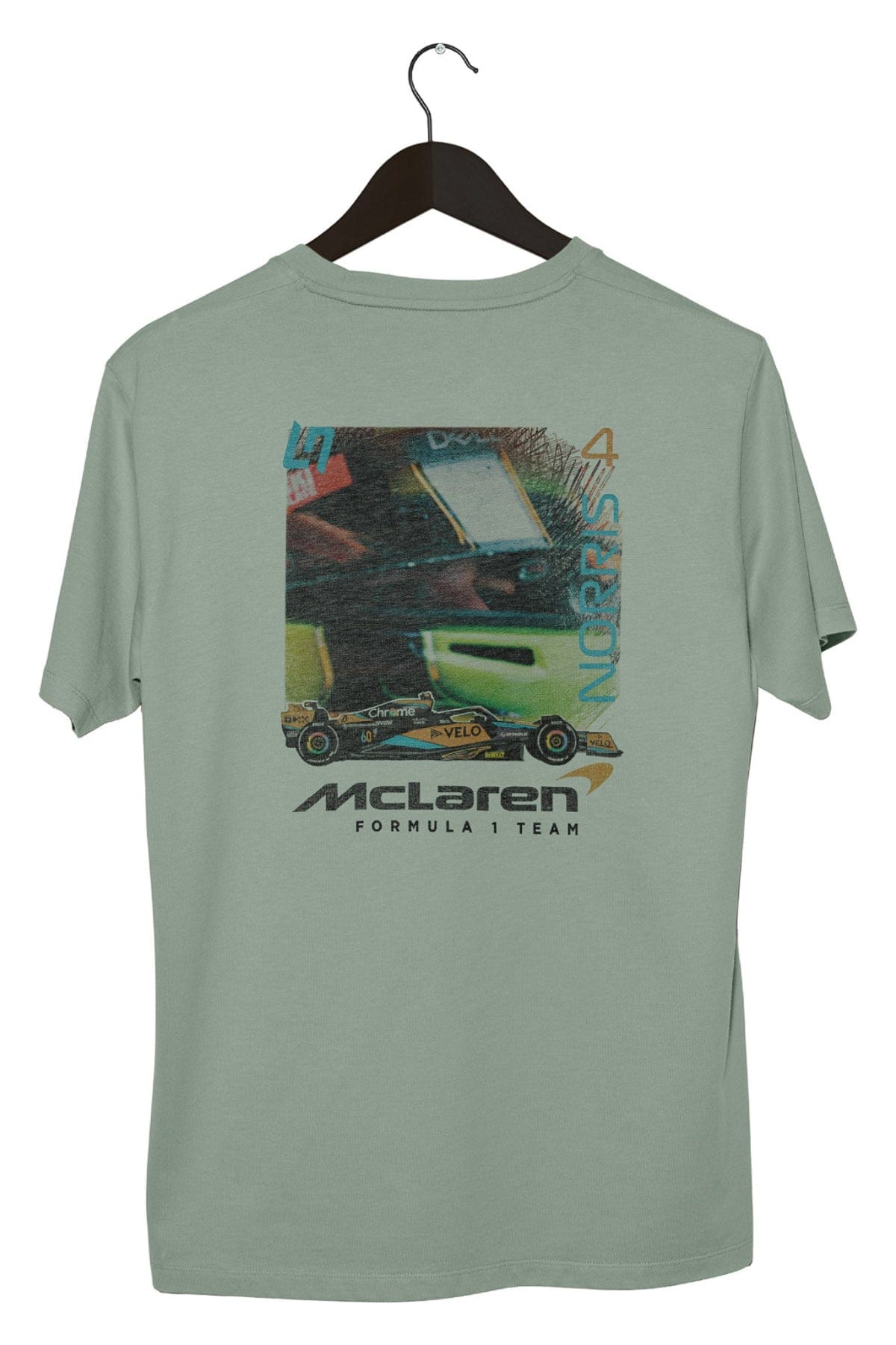 Back of a bay Comfort Colors shirt, featuring Utmost Province's custom F1 inspired graphic design on the back.