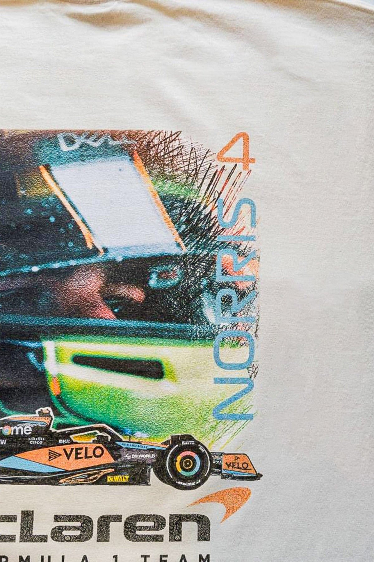 Close up of the back of Utmost Province custom Mclaren F1 shirt inspired by Lando Norris.