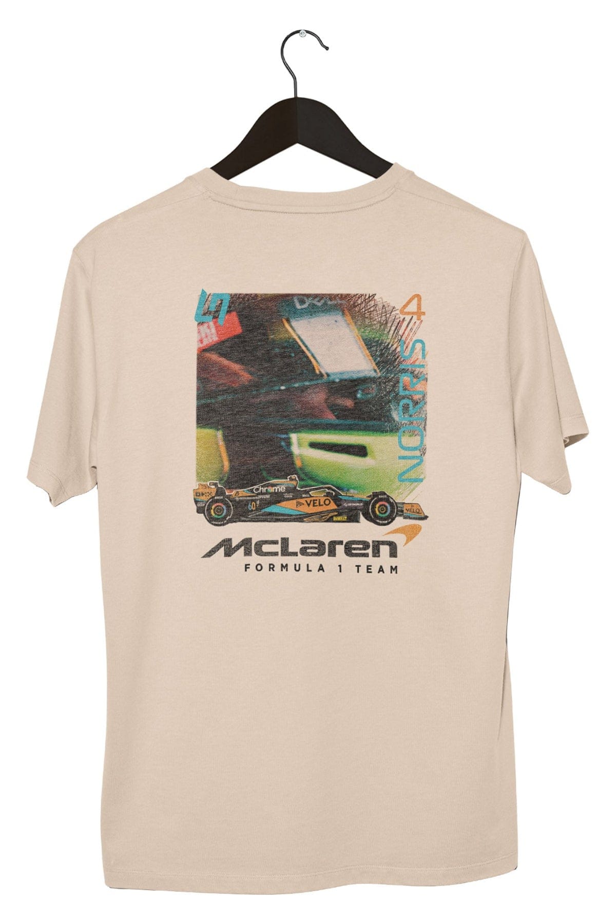 Retro Lando Norris shirt on a black hanger with a white background, highlighting the graphic design on the back. Printed DTG on a Ivory Comfort Colors shirt.