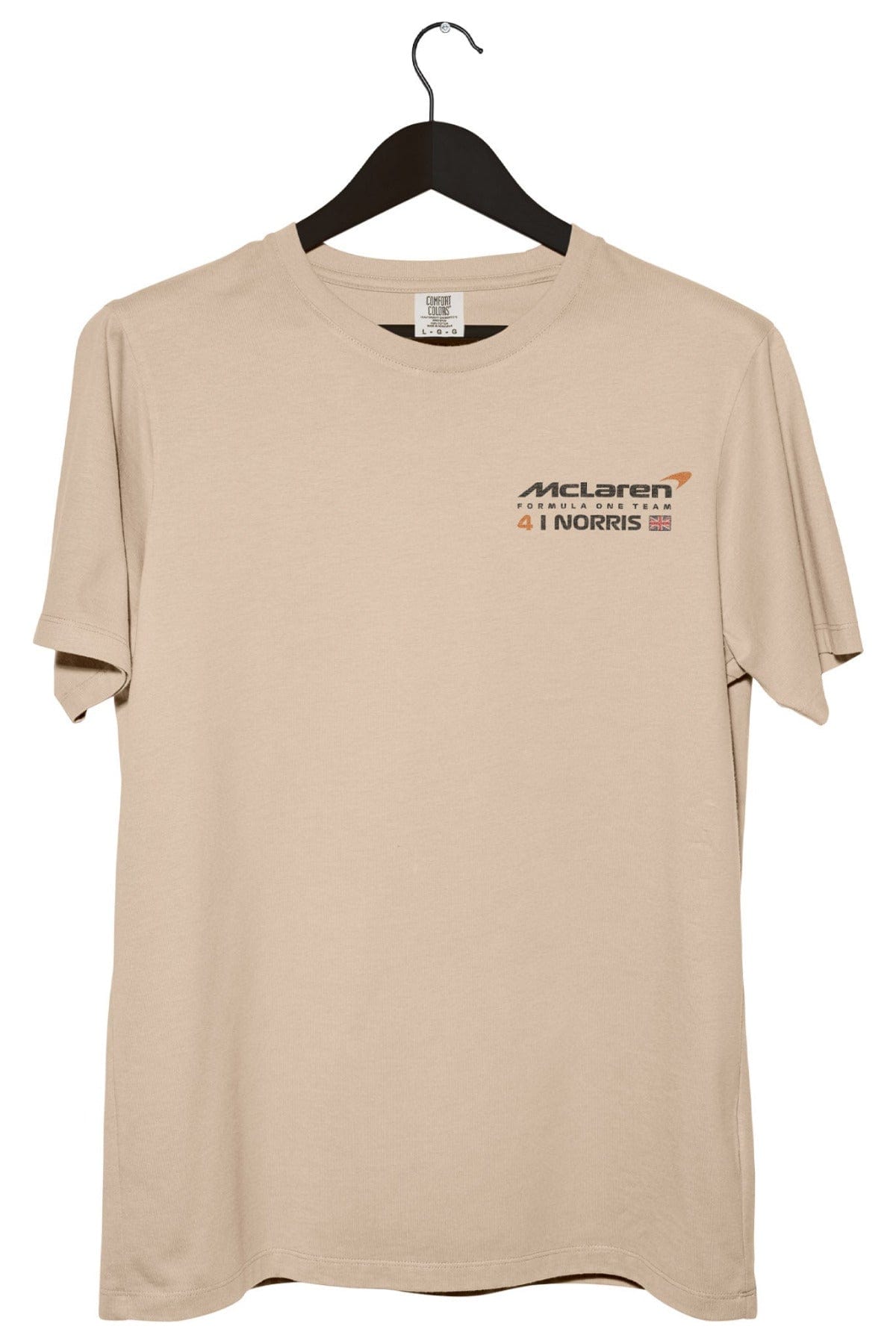 Front of an Ivory Comfort Colors shirt with a custom Mclaren F1 logo with a white background.