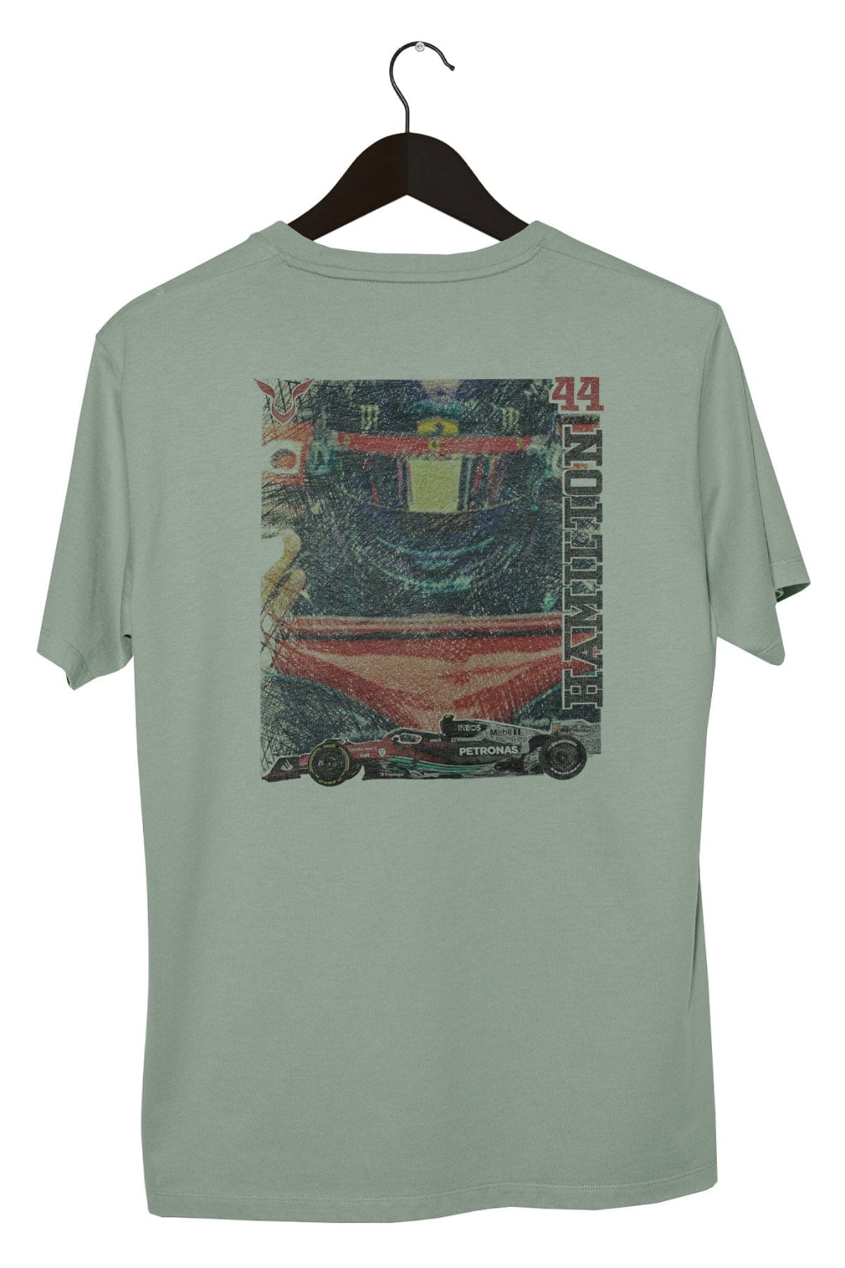 Retro Lewis Hamilton Ferrari shirt on a hanger with a white background, showcasing the graphic design on the back of the shirt. Printed DTG on a Bay Comfort Colors shirt.