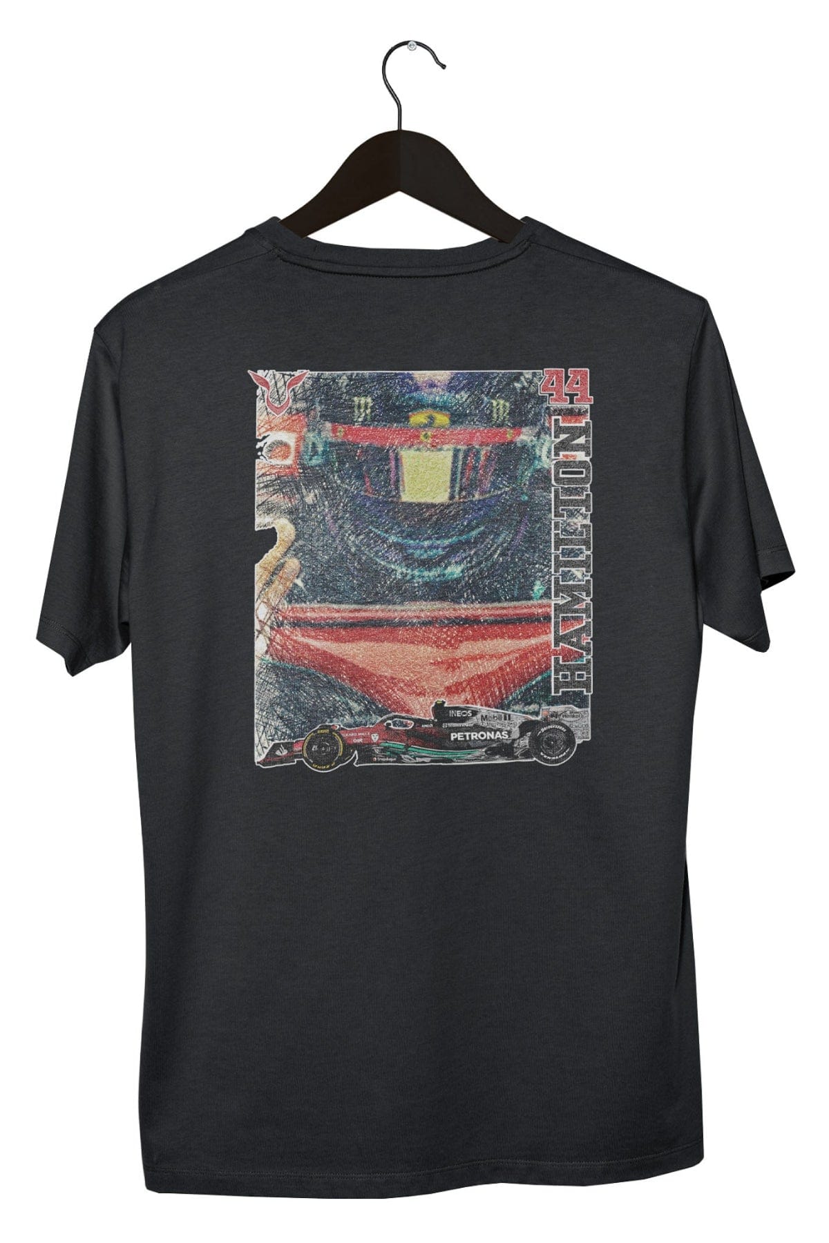 Retro Lewis Hamilton Ferrari shirt on a hanger with a white background, showcasing the graphic design on the back of the shirt. Printed DTG on a Black Comfort Colors shirt.