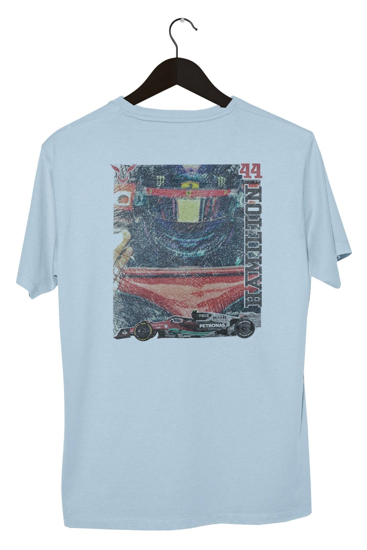 Retro Lewis Hamilton Ferrari shirt on a hanger with a white background, showcasing the graphic design on the back of the shirt. Printed DTG on a Chambray Comfort Colors shirt.