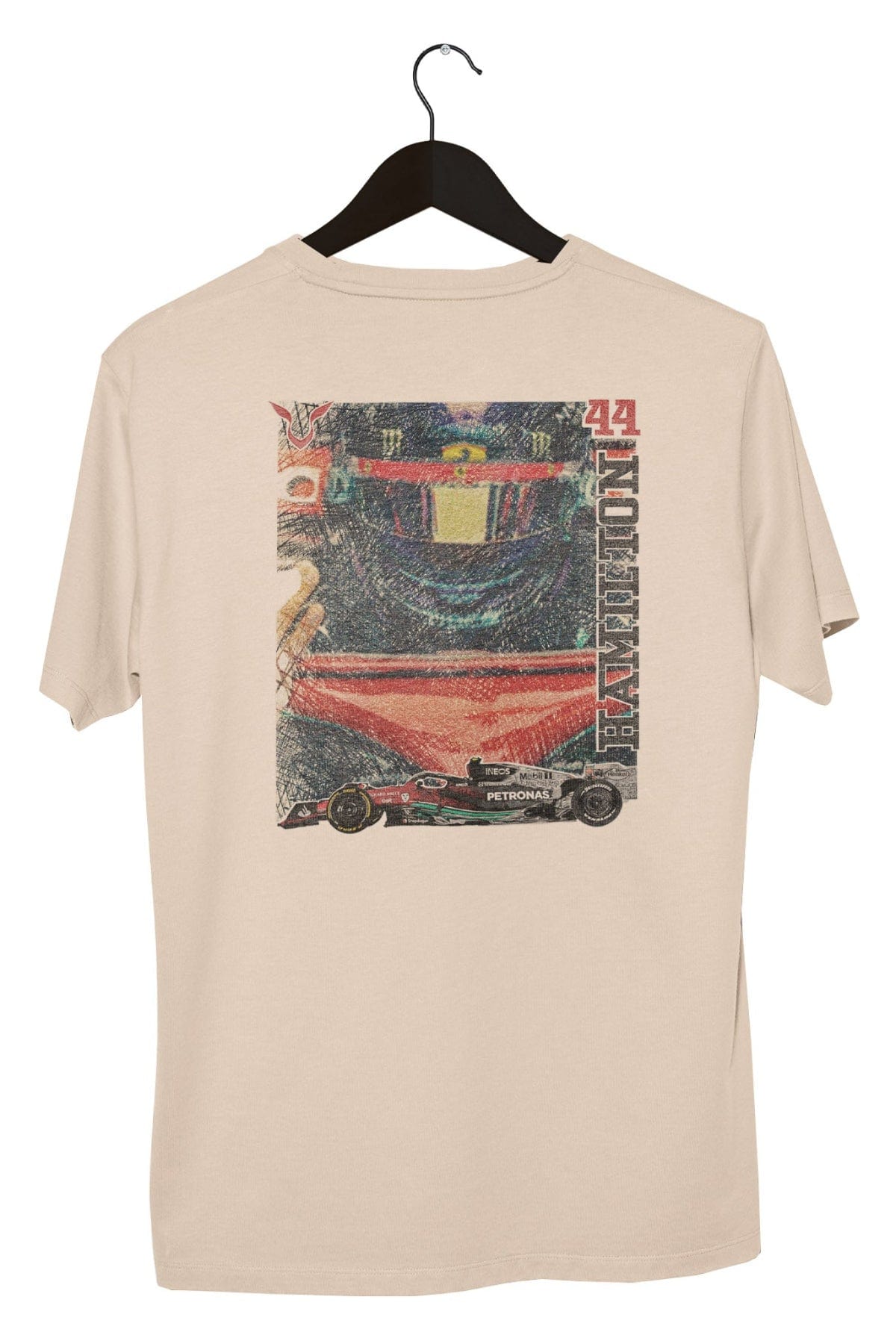 Retro Lewis Hamilton Ferrari shirt on a hanger with a white background, showcasing the graphic design on the back of the shirt. Printed DTG on a Ivory Comfort Colors shirt.