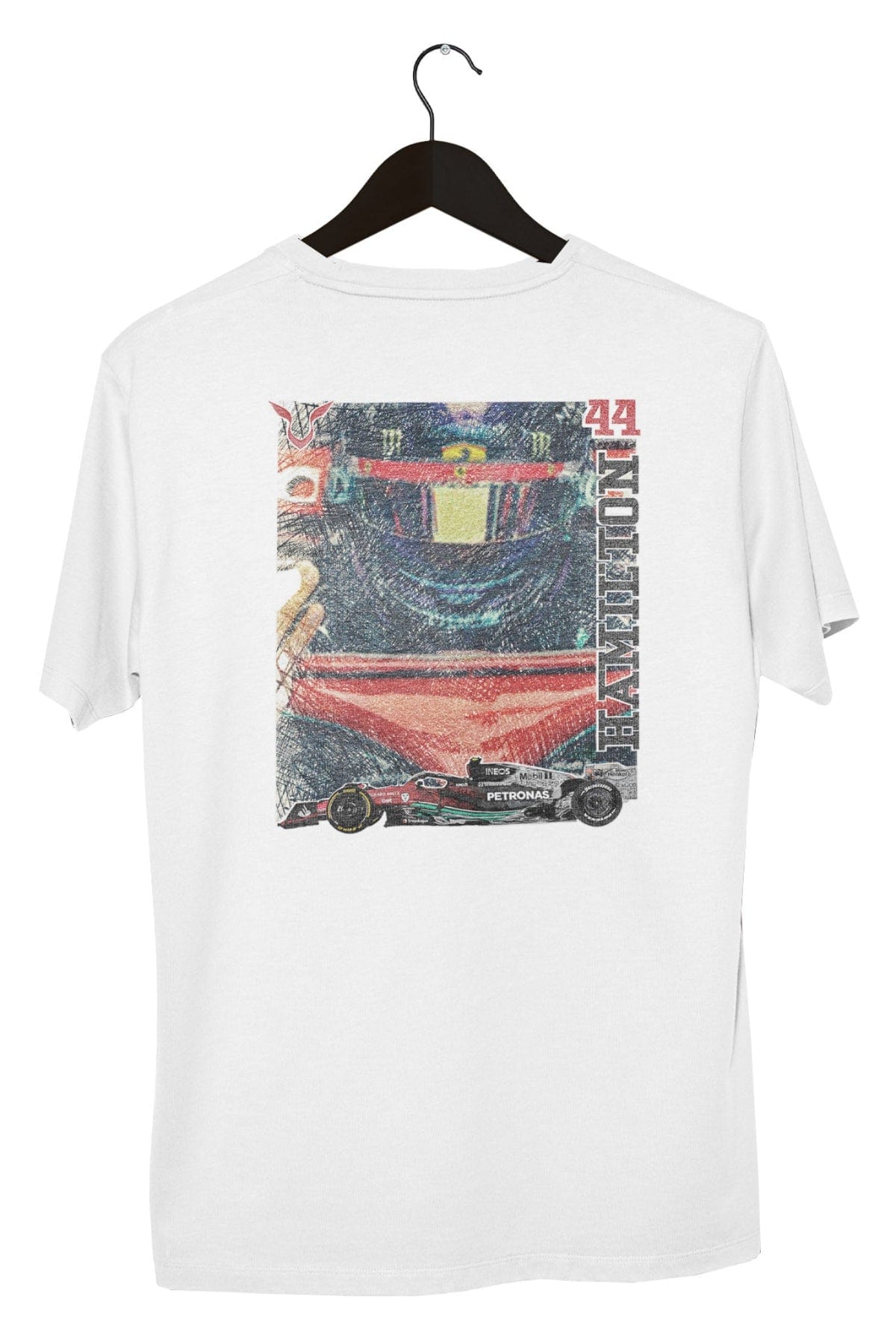 Retro Lewis Hamilton Ferrari shirt on a hanger with a white background, showcasing the graphic design on the back of the shirt. Printed DTG on a White Comfort Colors shirt.
