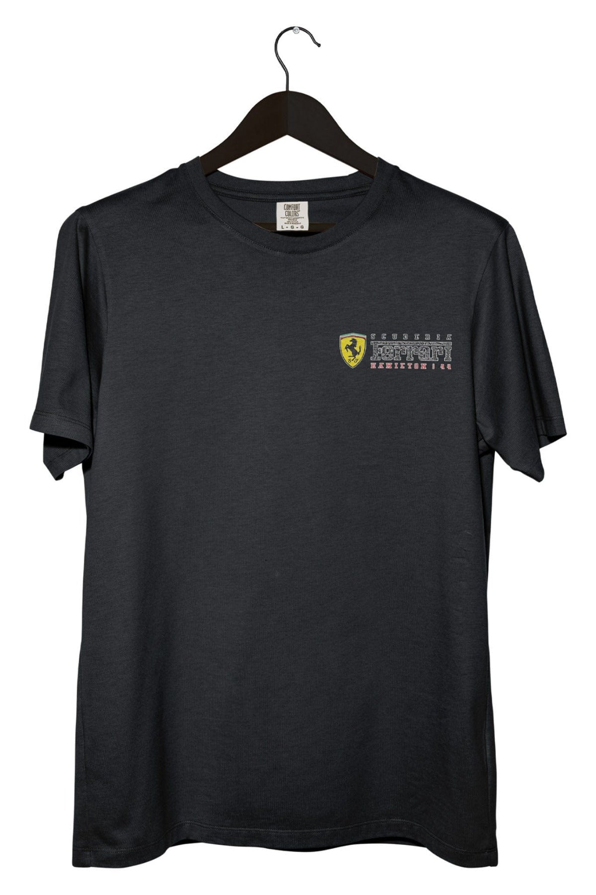 Black t-shirt with a custom Lewis Hamilton Ferrari inspired logo on a hanger against a white background.