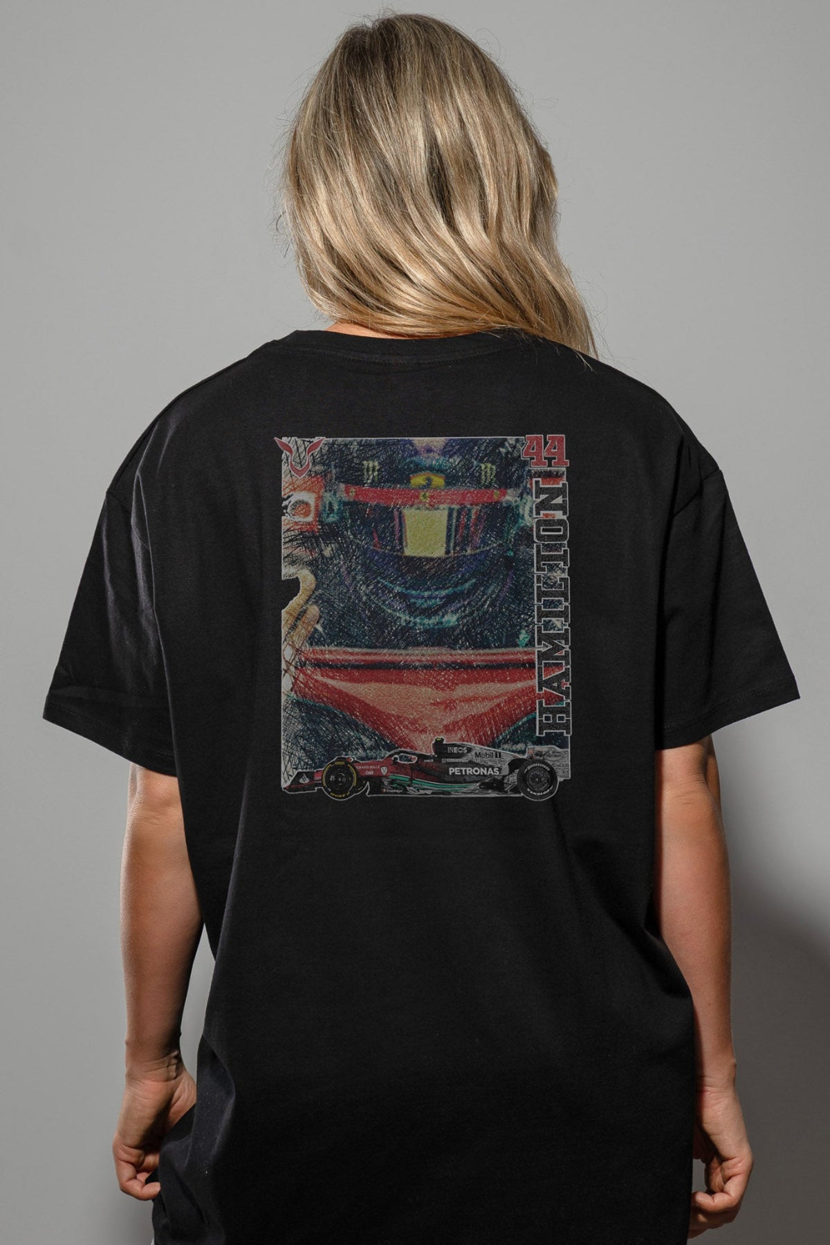 Model wearing Utmost Province custom Ferrari shirt, showcasing the back of the Lewis Hamilton Ferrari Shirt.