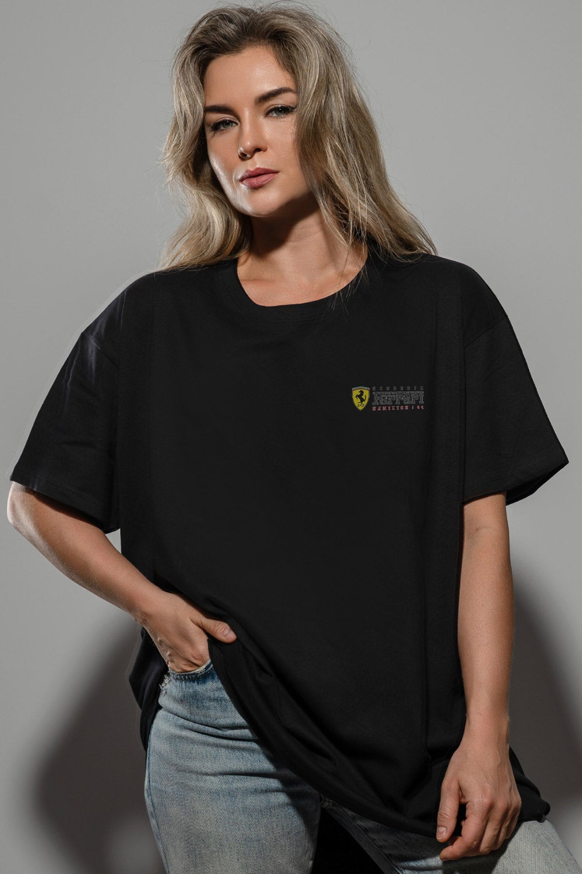 Model wearing Utmost Province custom Ferrari shirt, showcasing the front of the Lewis Hamilton Ferrari Shirt.