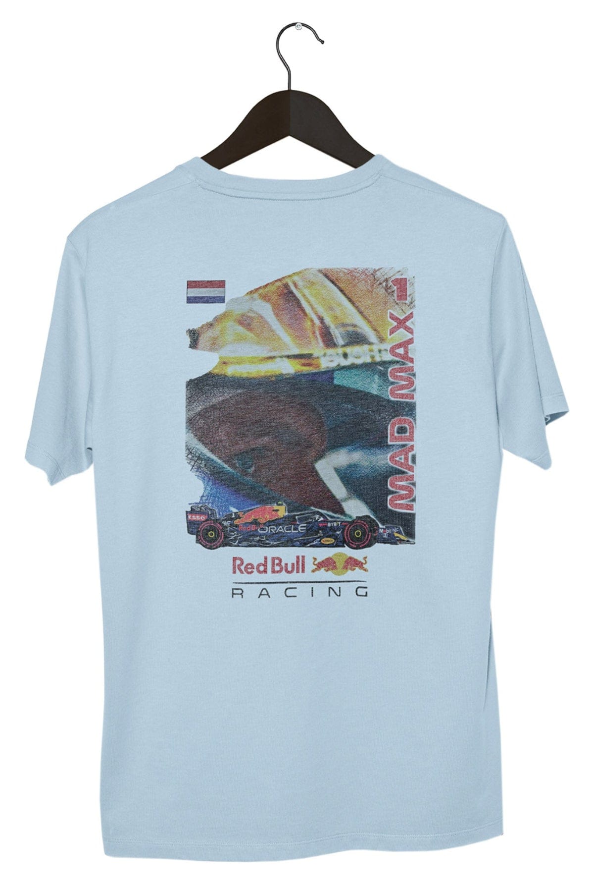 Retro Red Bull F1 T Shirt on a black hanger with a white background. Featuring a design printed DTG on a Chambray Comfort Colors shirt.
