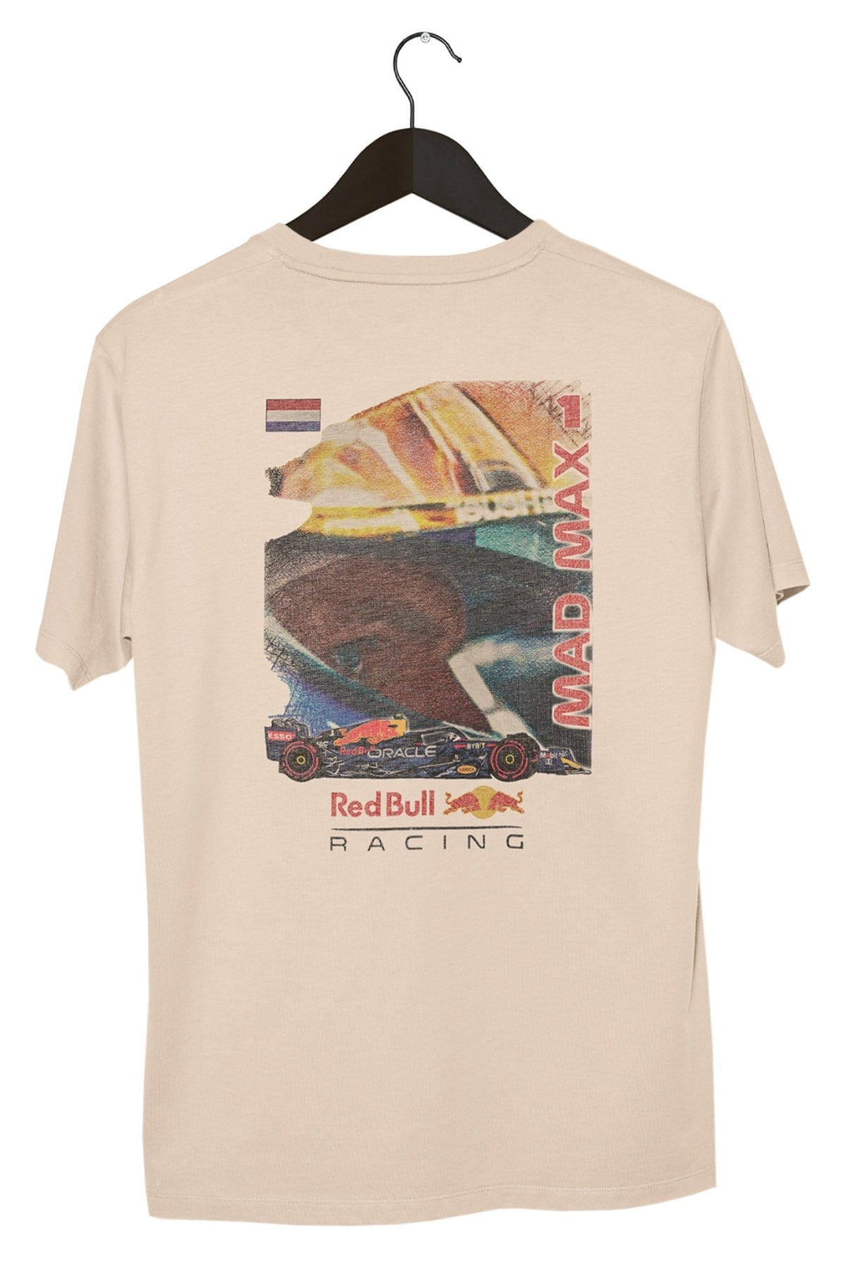 Retro Red Bull F1 T Shirt on a black hanger with a white background. Featuring a design printed DTG on a Ivory Comfort Colors shirt.