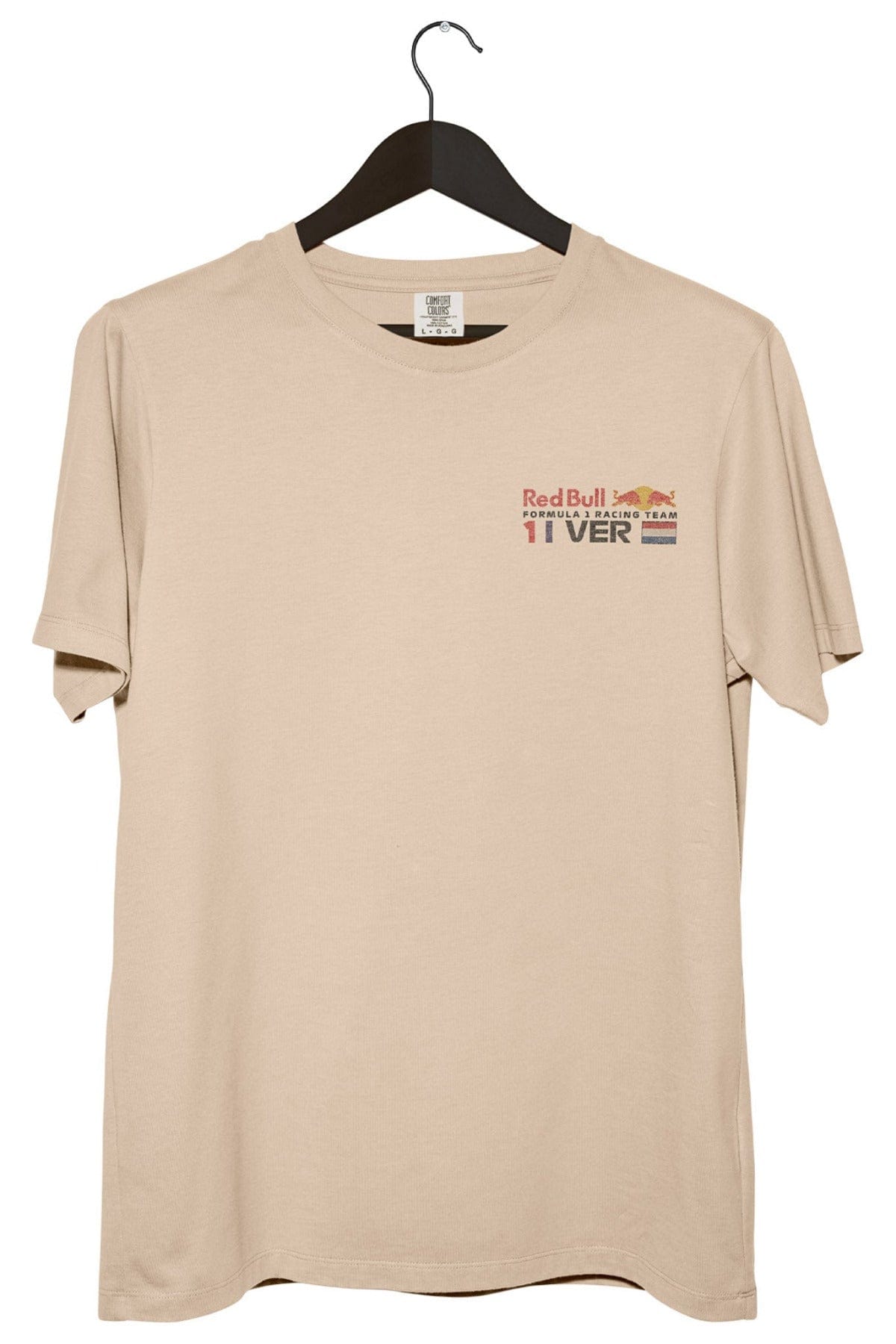 Front of a beige Comfort Colors shirt with a custom Red Bull F1 Racing Logo on the front.