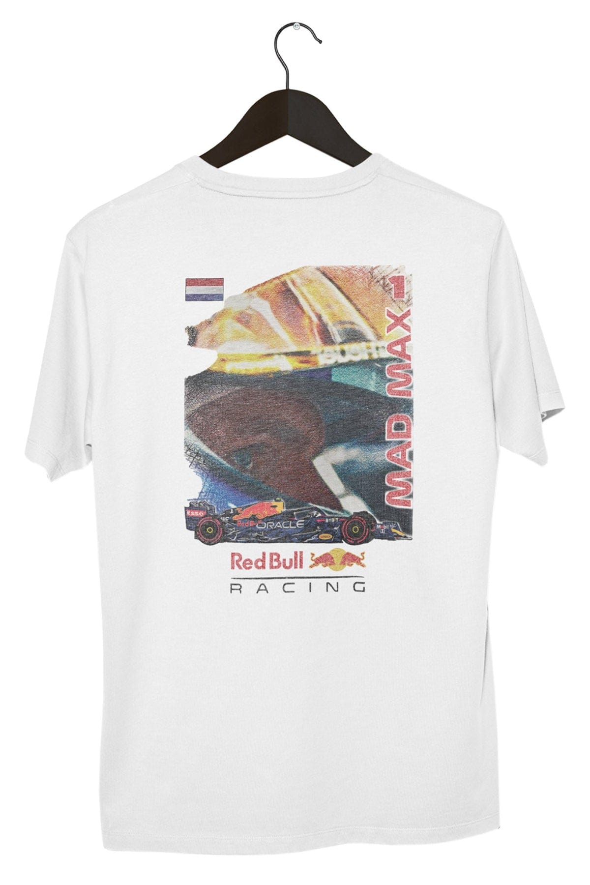 Retro Red Bull F1 T Shirt on a black hanger with a white background. Featuring a design printed DTG on a White Comfort Colors shirt.