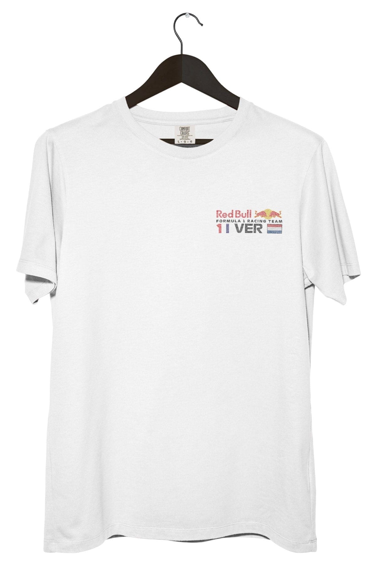 Front of a white Comfort Colors shirt with a custom Red Bull F1 team logo.