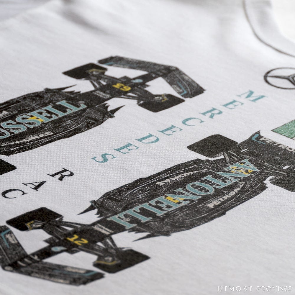 Close up of a Mercedes F1 shirt, showcasing Utmost Province Mercedes Merch