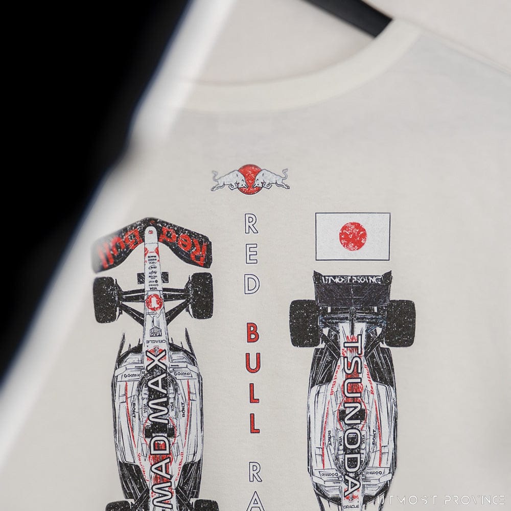 Close up of a custom Red Bull F1 shirt, showcasing a graphic tee from Utmost Province Red Bull Racing merch collection