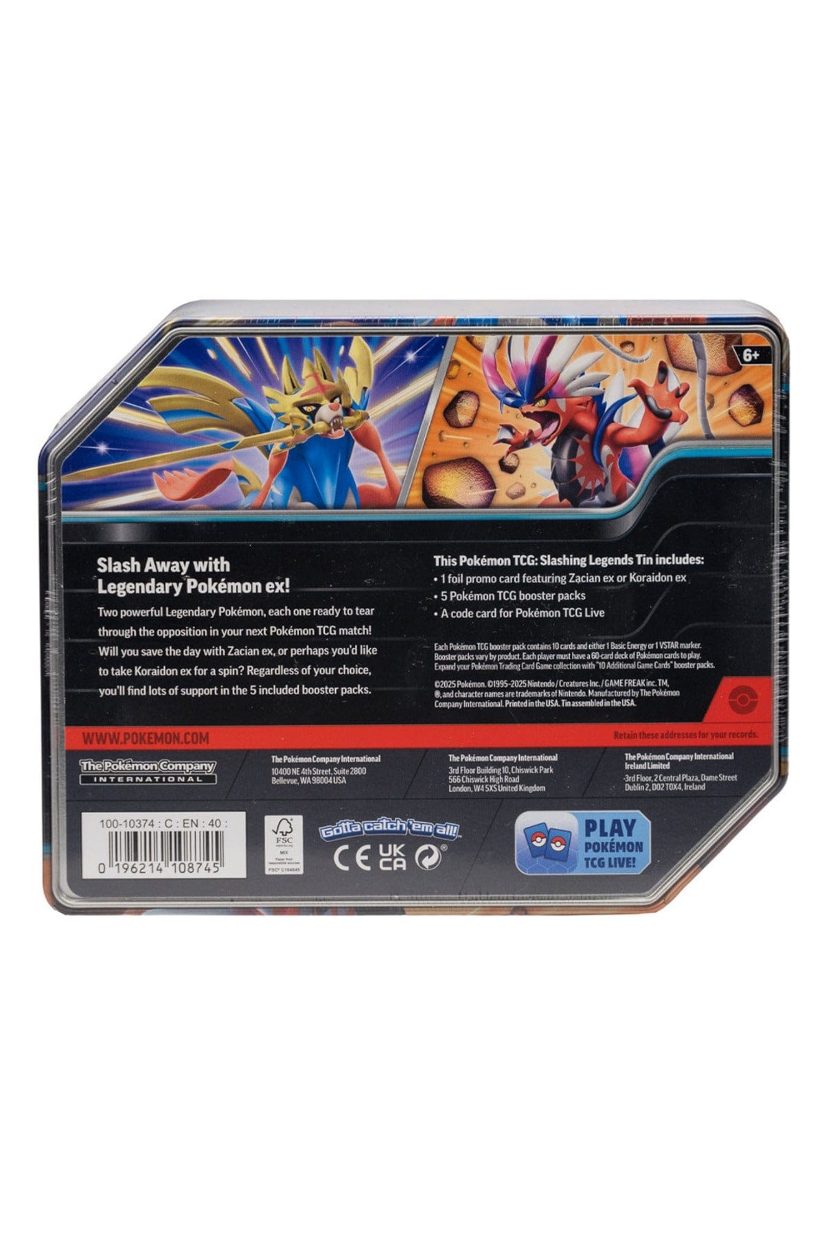 Bottom of a Pokemon Trading Card Game Slashing Legends Tin - Koraidon EX with a white background.