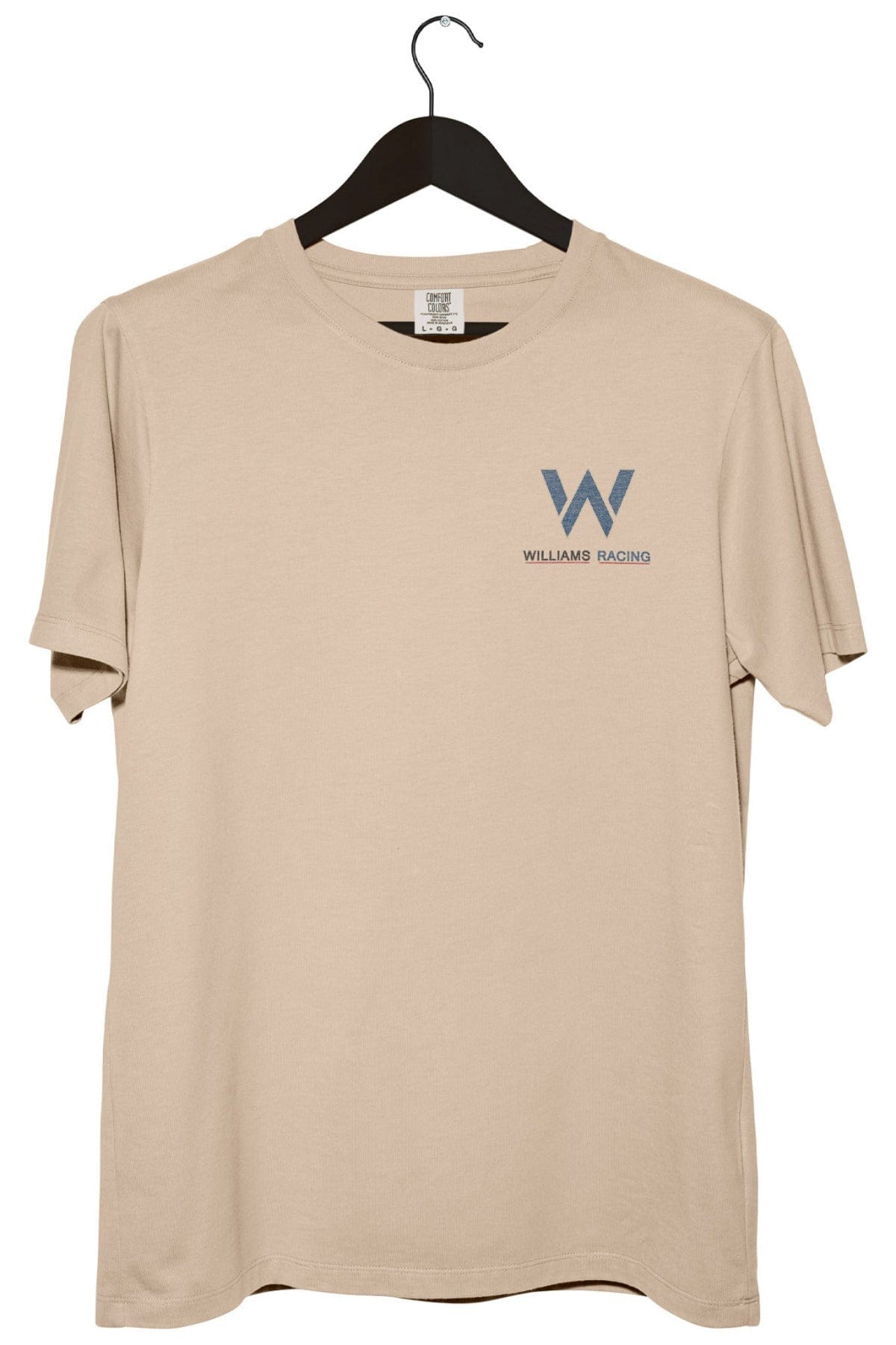 Front of a custom Williams F1 team inspired graphic tee on a hanger with a white background.