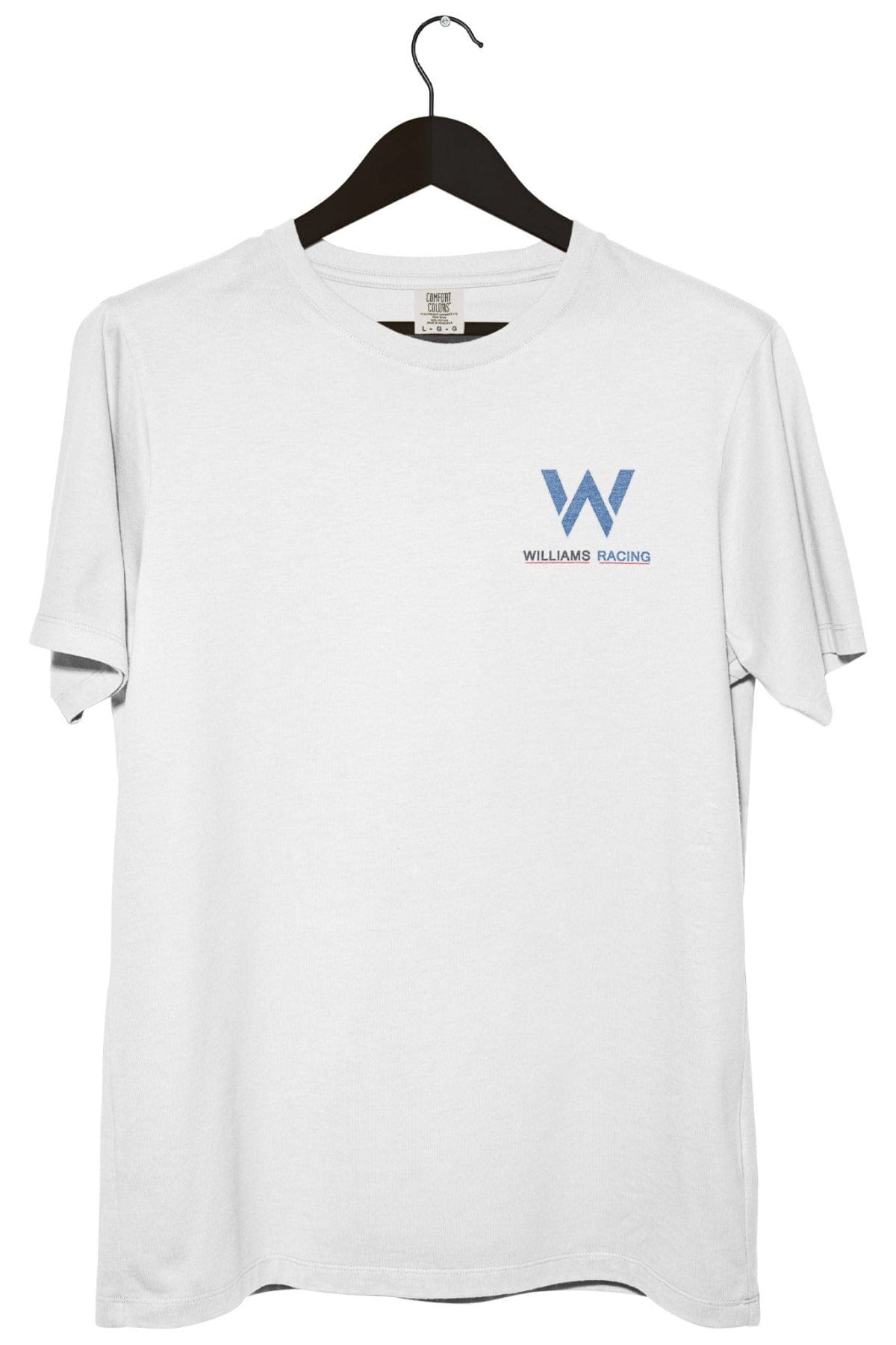 Front of a white custom WIliams Racing inspired graphic tee on a hanger with a white backkground.