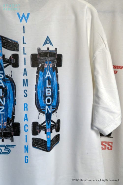F1 shirt on a hanger, showcasing the back design of a cotton t shirt from Utmost Province's Williams F1 merch collection.