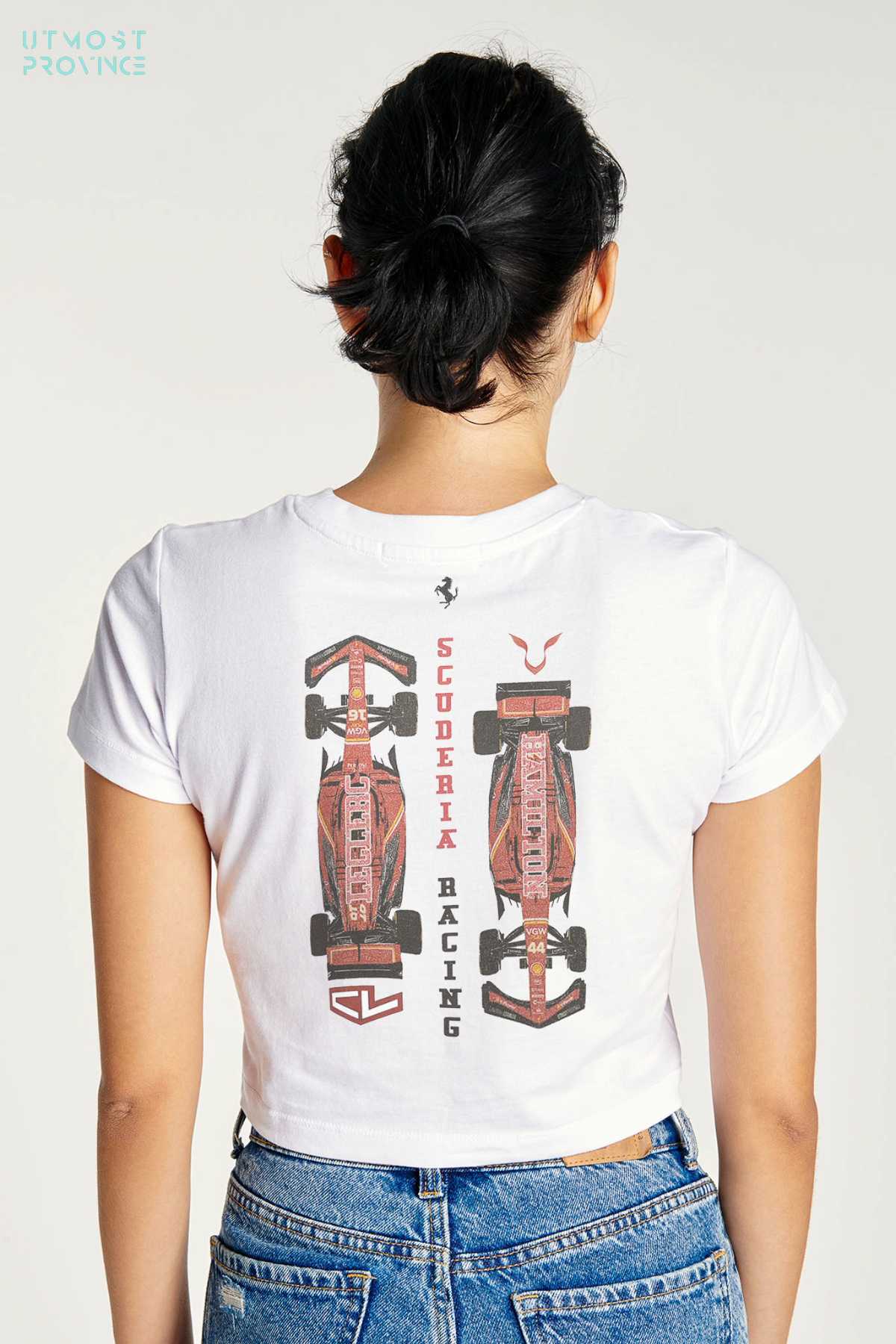 Model wearing Utmost Province custom Ferrari crop top shirt, showcasing the exclusive graphic design on the back of the crop top for women.