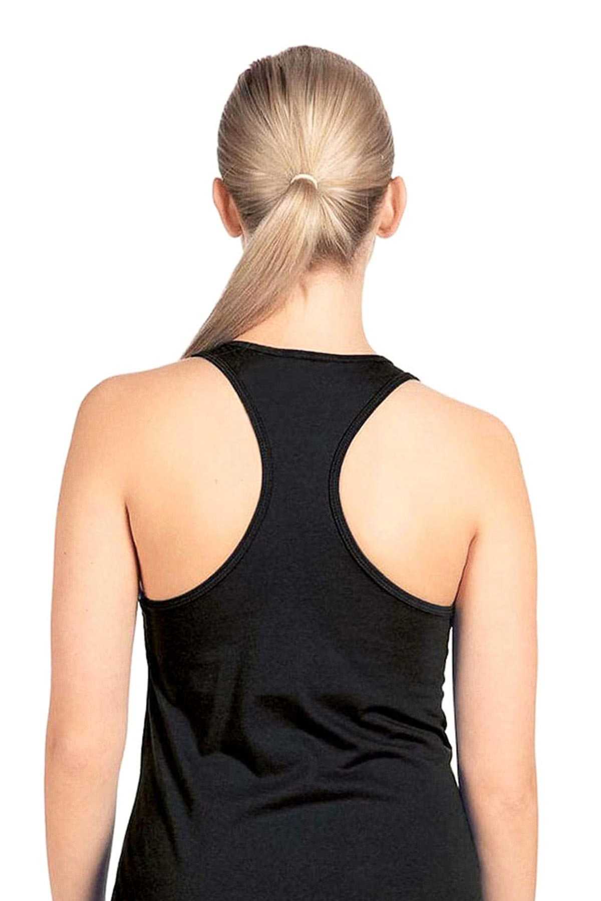 Model in a black women's racerback tank top, showcasing the back of the women's custom Ferrari F1 merch.