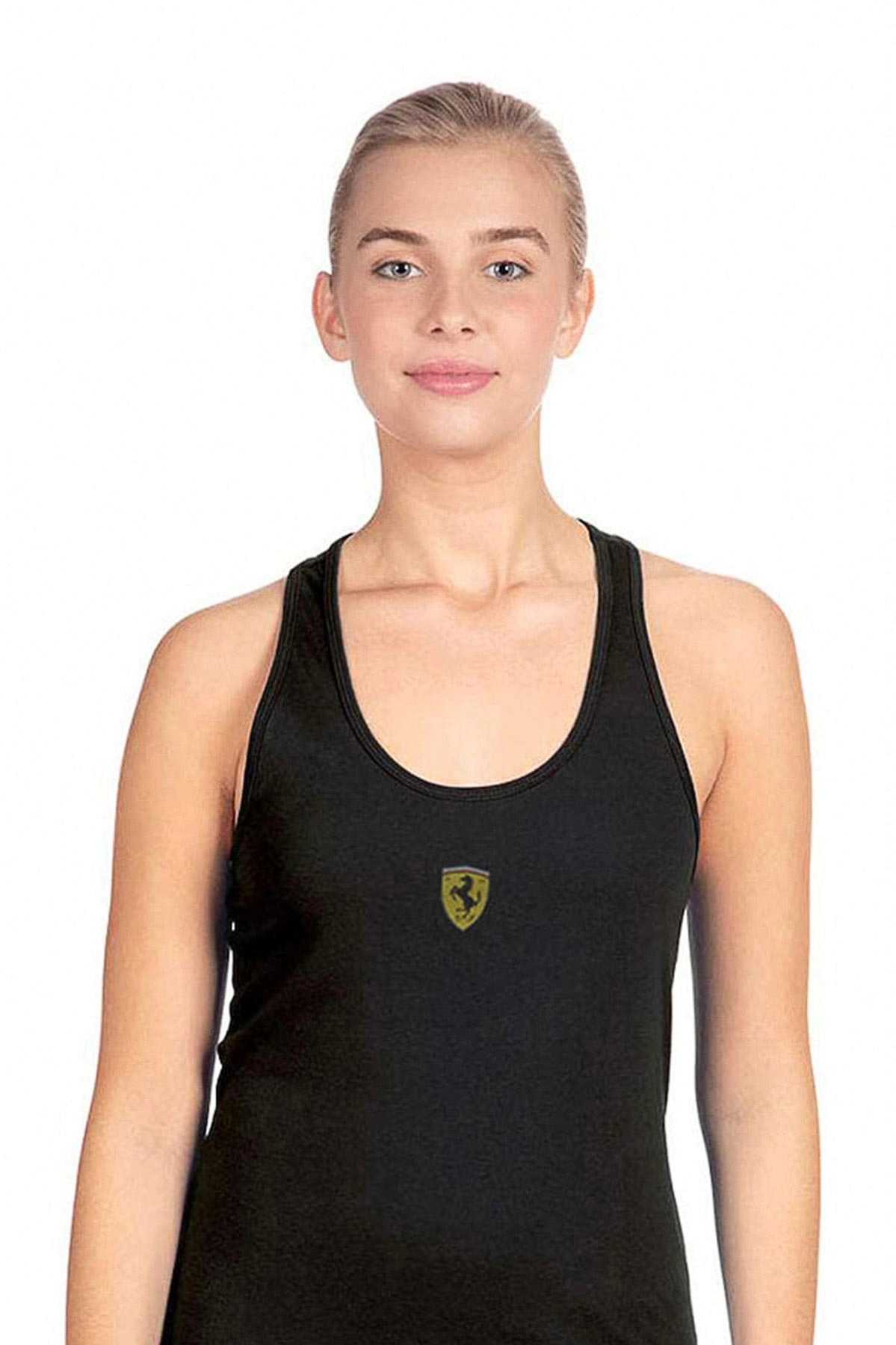 Model in a black women's racerback tank top, showcasing the front center design inspired by Charles Leclerc.