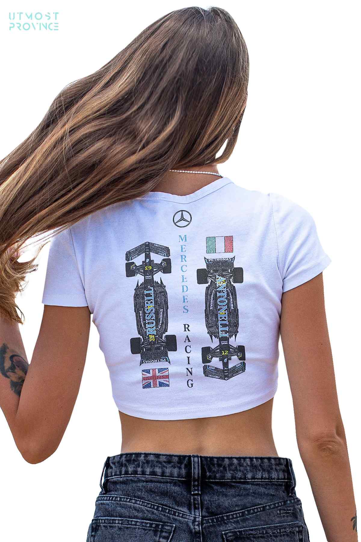 Model wearing Utmost Province custom Mercedes F1 crop top shirt, showcasing the exclusive graphic design on the back of the cropped shirt.