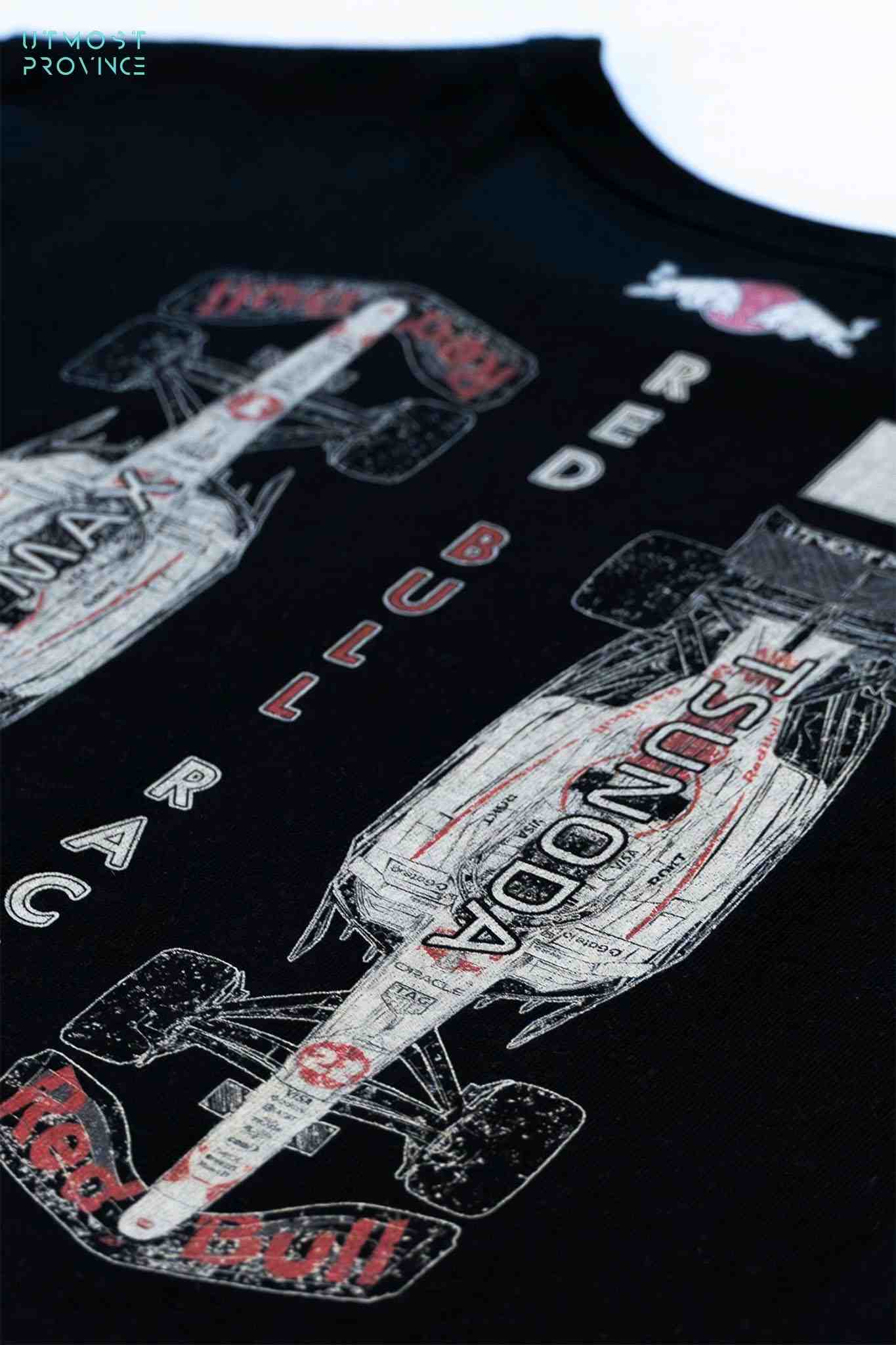 Utmost Province women's crop top shirt laid flat on a table, highlighting the graphic design on the back of the Red Bull Racing inspired merch.