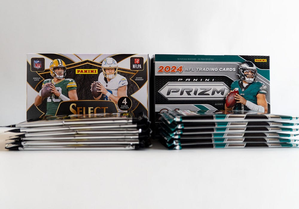 2024 Panini Football trading card boxes and packs with a white background.